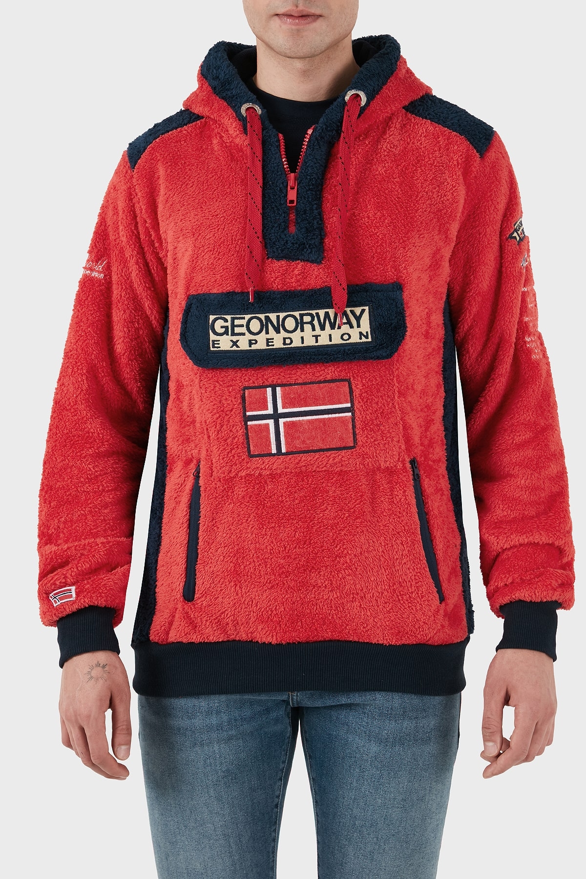 Norway Geographical Kapüşonlu Yarım Fermuarlı Outdoor Polar Erkek Sweat GYMCLASSSHERCO KIRMIZI