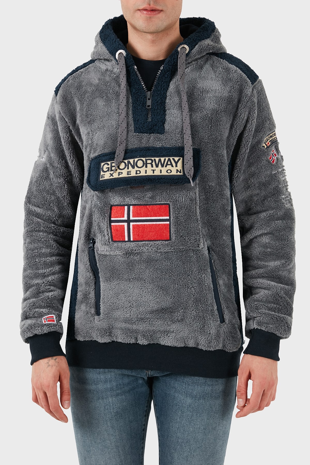 Norway Geographical Kapüşonlu Yarım Fermuarlı Outdoor Polar Erkek Sweat GYMCLASSSHERCO KOYU GRİ
