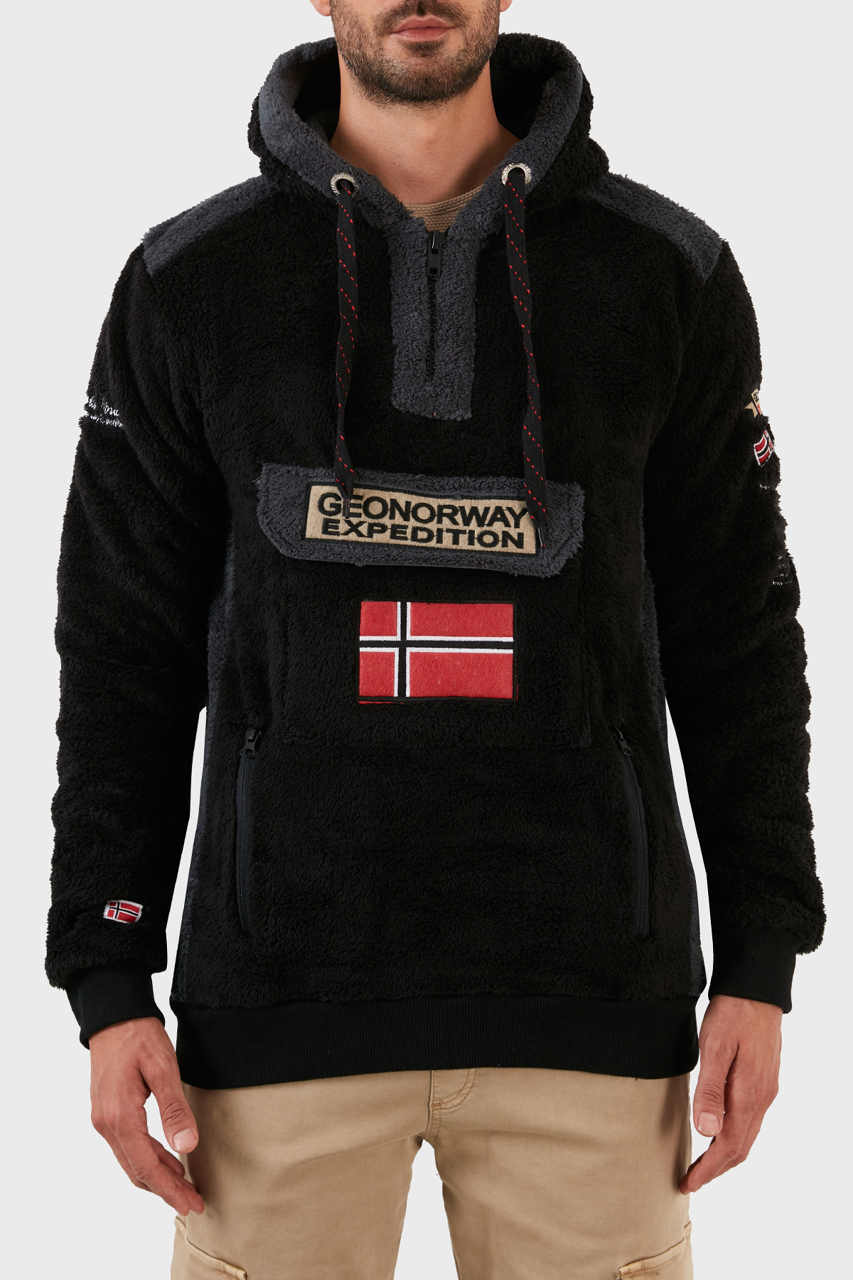 Norway Geographical Pamuklu Yumuşak Dokulu Soğuğa Dayanıklı Kapüşonlu Erkek Polar GYMCLASS SHERCOE SİYAH