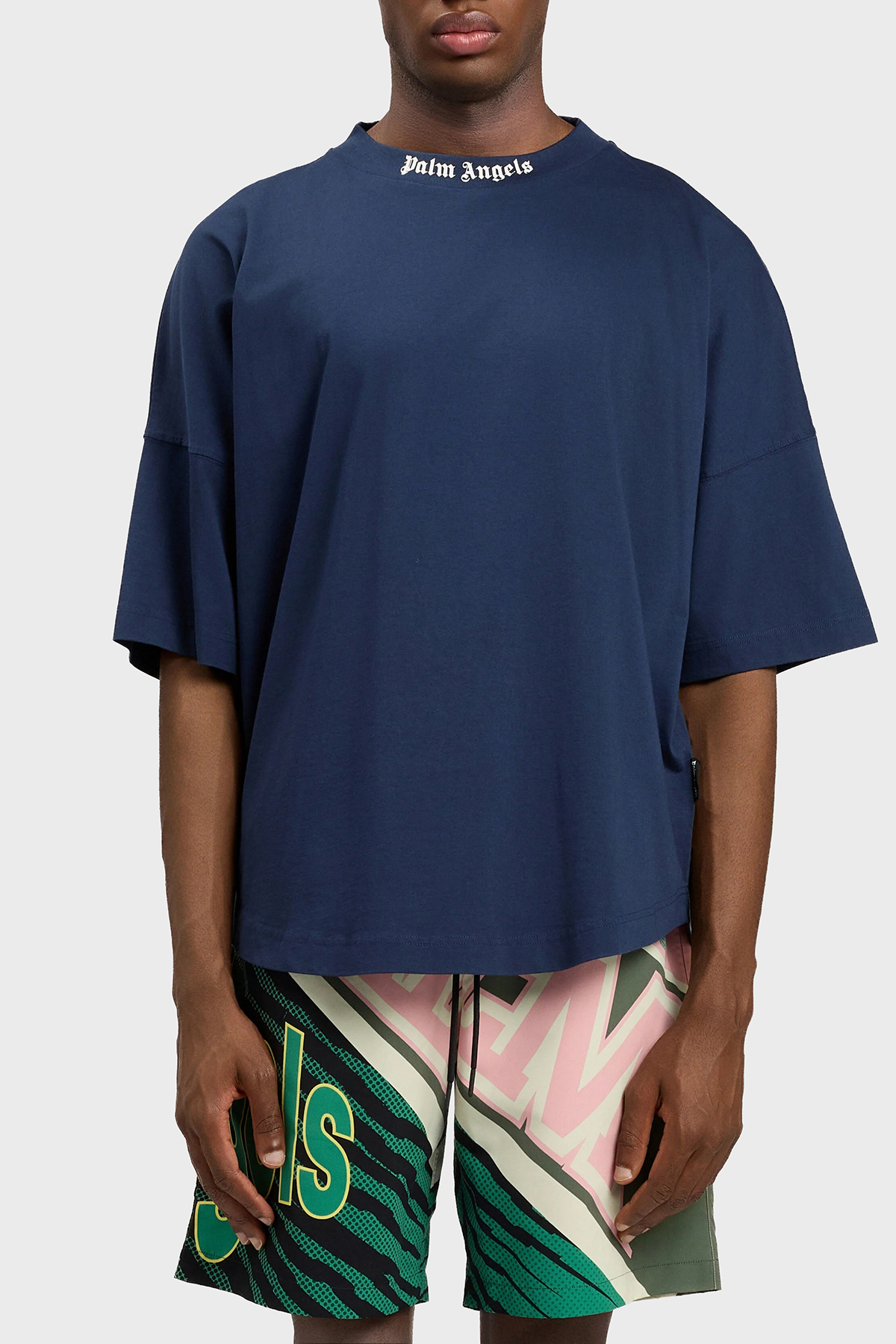 Palm Angels % 100 Pamuk Oversize Fit Logo Baskılı Bisiklet Yaka Erkek T Shirt PMAA10BS26JER001 LACİVERT