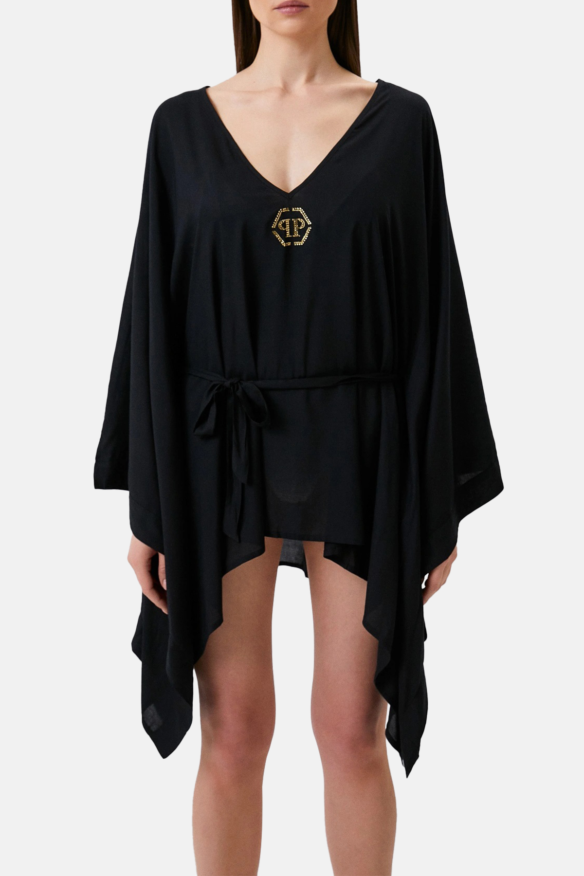 Philipp Plein Logolu Belden Bağlamalı Regular Fit Kimono Kaftan Kadın Pareo DMPPK0299 SİYAH