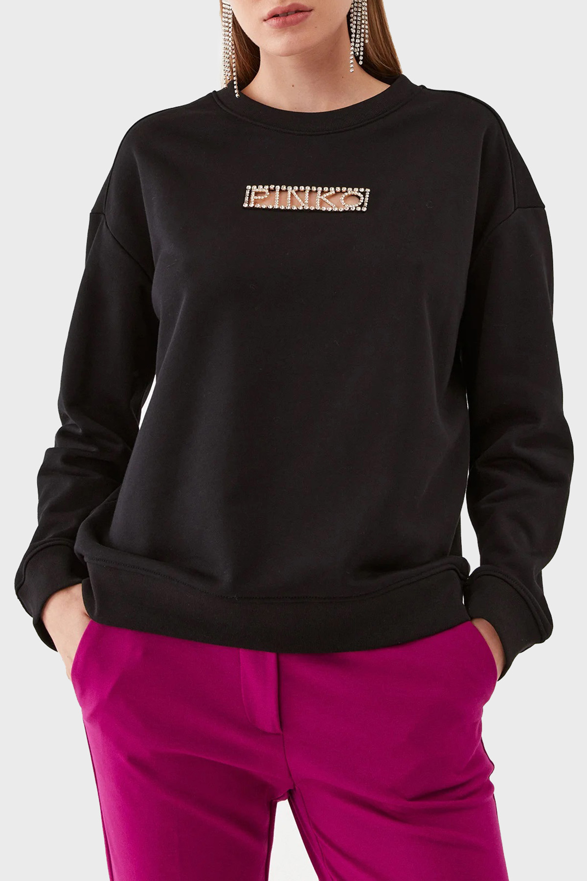 Pinko % 100 Pamuk Parlak Taş Logolu Bisiklet Yaka Regular Fit Kadın Sweat 101607 A12I Z99 SİYAH