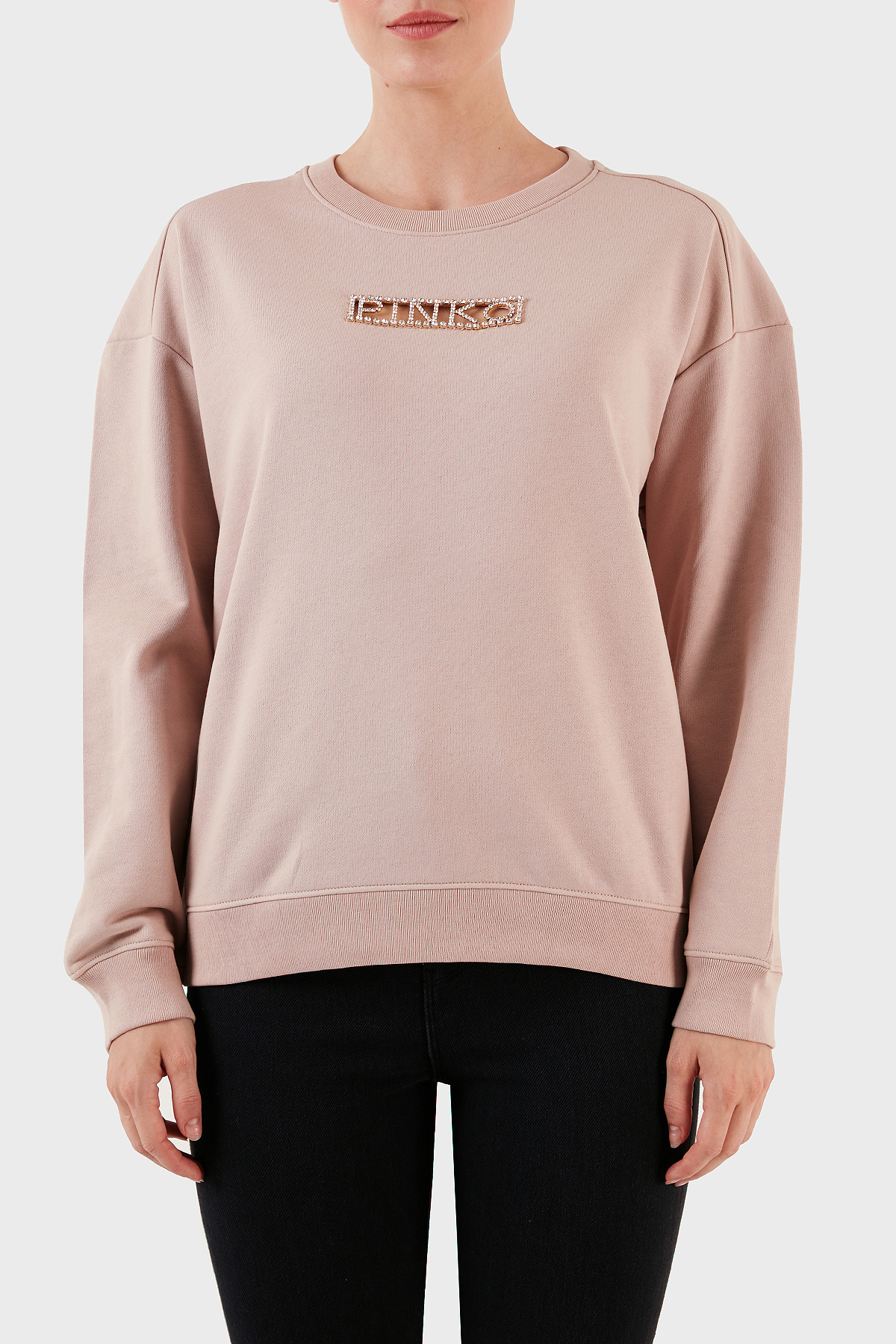 Pinko % 100 Pamuk Parlak Taş Logolu Bisiklet Yaka Regular Fit Kadın Sweat 101607 A12I D46 PUDRA