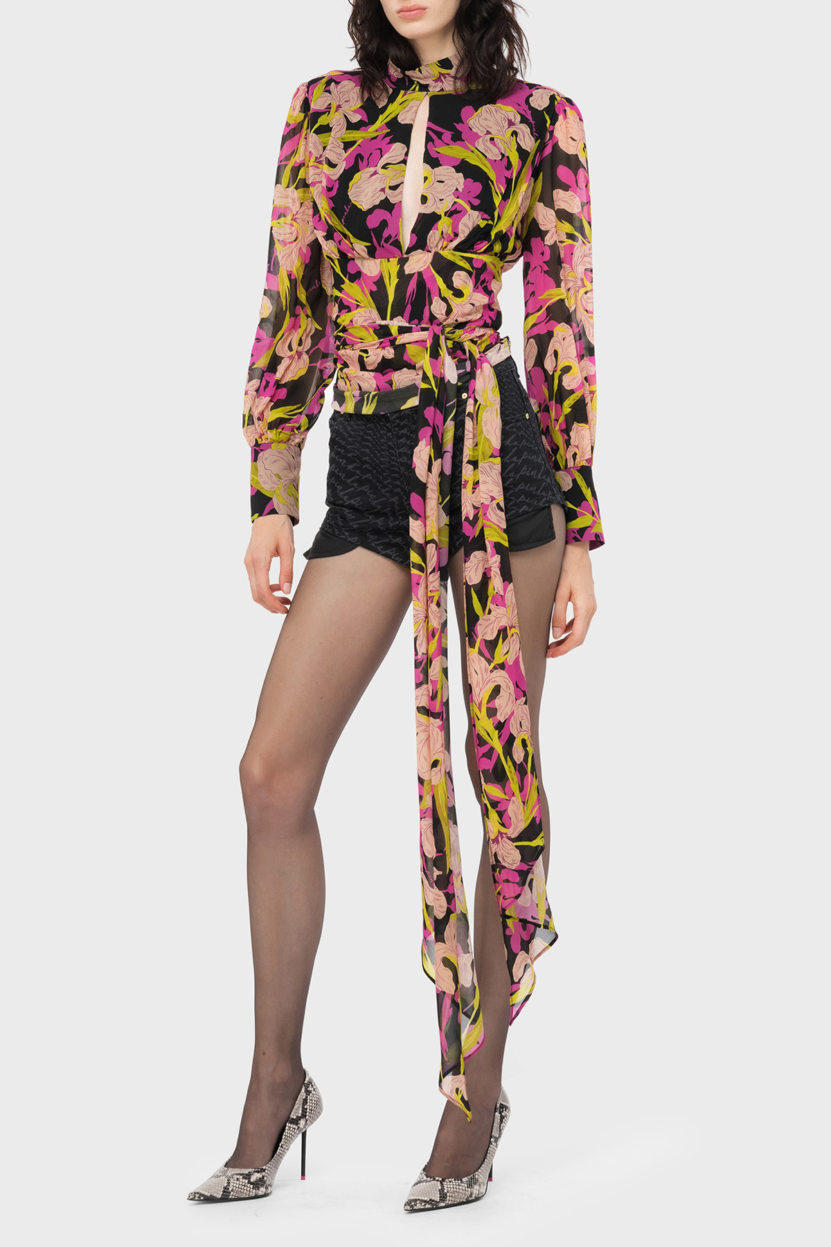 Pinko Çiçek Desenli Dekolteli Belden Bağlamalı Regular Fit Kadın Bluz 101765 A155 ZY5 Pembe-Sarı