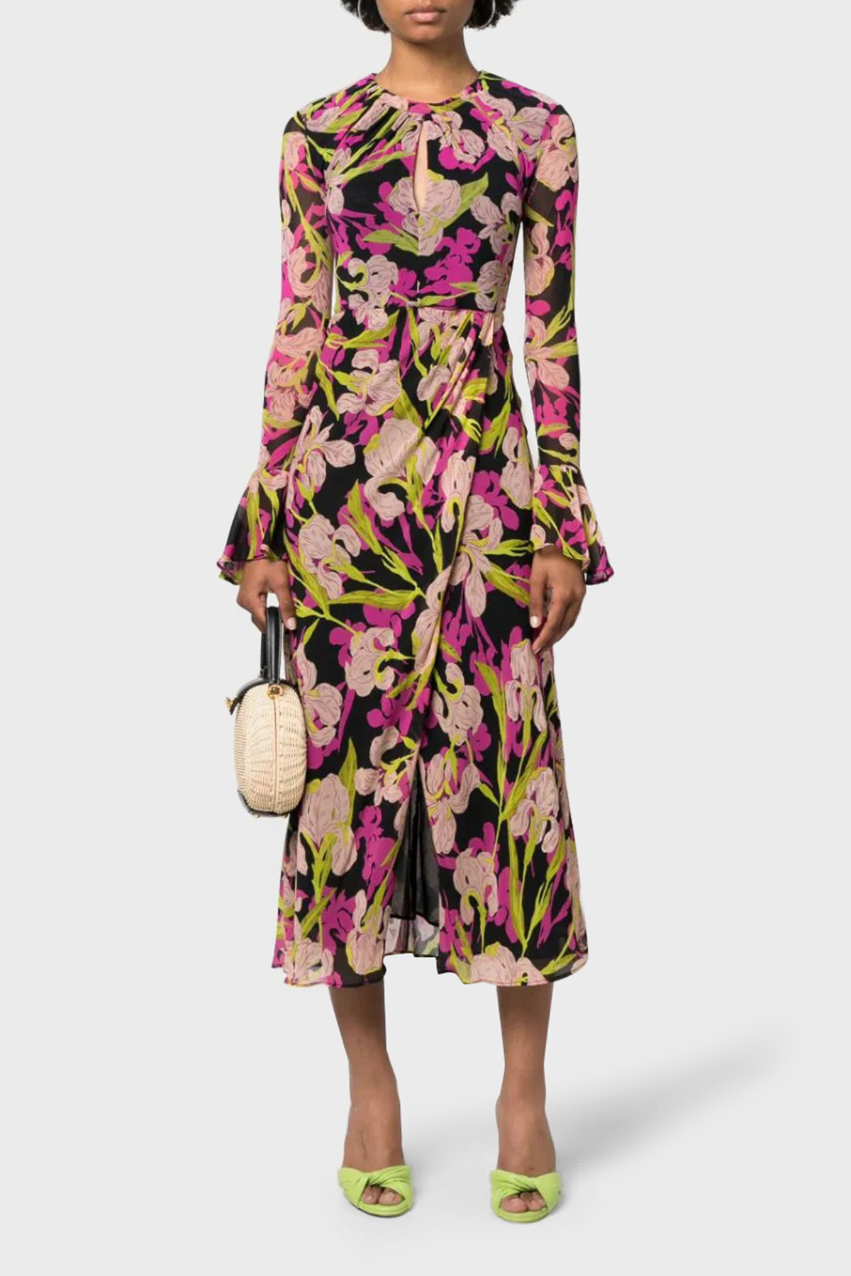 Pinko Çiçek Desenli Fırfırlı Yırtmaçlı Dekolteli Regular Fit Kadın Elbise 101834 A154 ZY5 Pembe-Siyah-Sarı