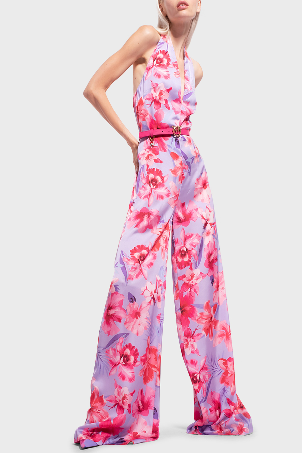 Pinko Çiçek Desenli Halter Yaka Geniş Paça Kadın Tulum 100761 A0M8 YNB LİLA