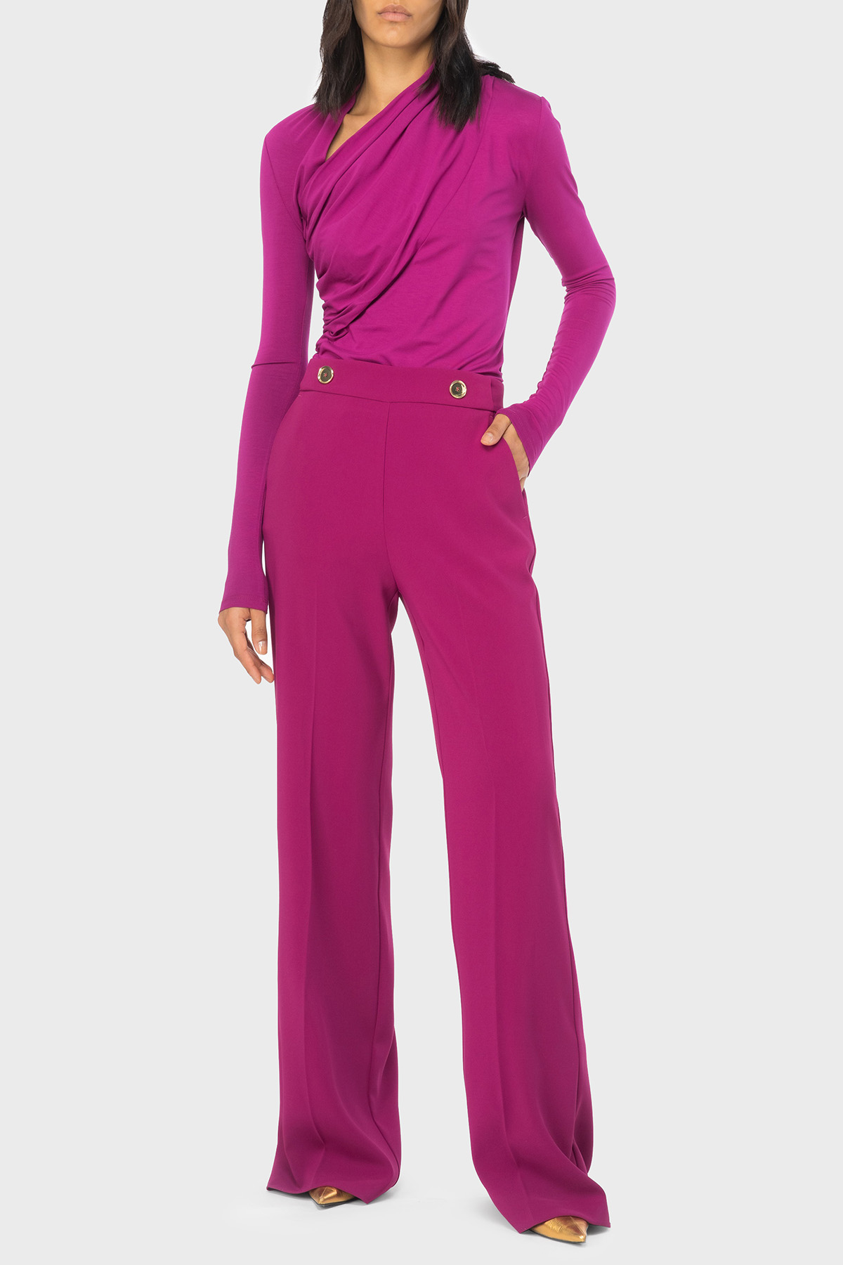 Pinko Slim Fit Fermuar ve Düğme Detaylı Yüksek Bel Bol Paça Kadın Pantolon 100055 A14I VIB FUŞYA