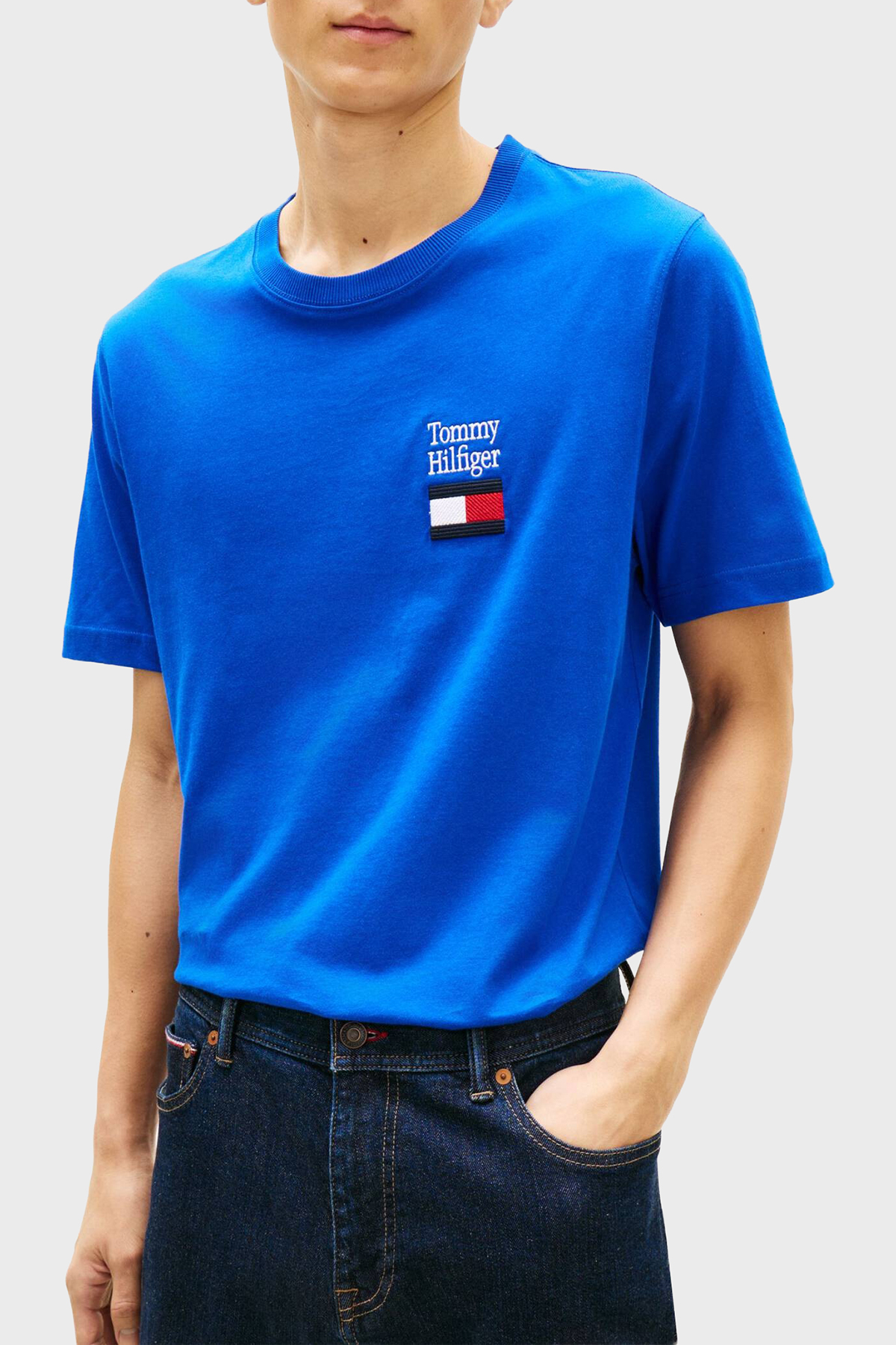 Tommy Hilfiger % 100 Pamuk Regular Fit Bisiklet Yaka Erkek T Shirt MW0MW42367 C7F MAVİ