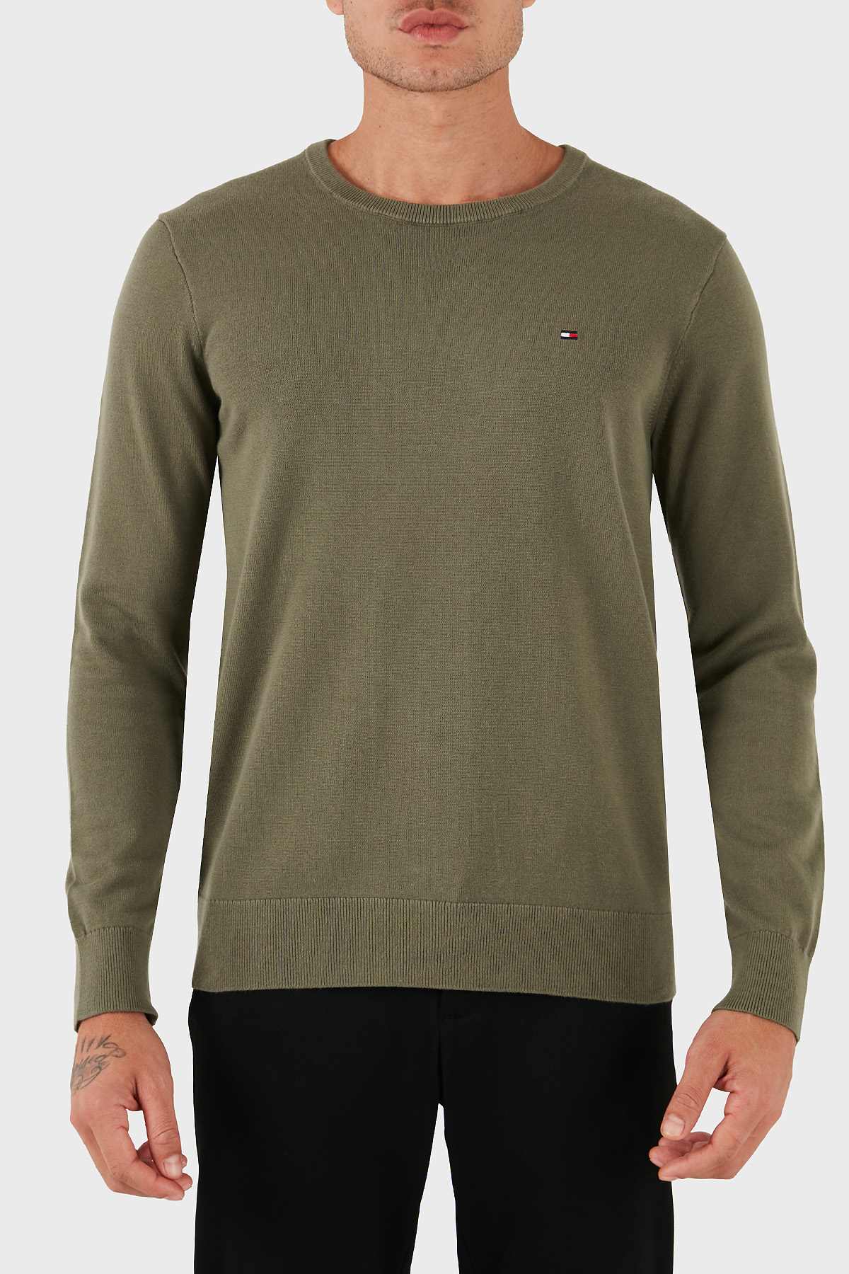 Tommy Hilfiger % 100 Pamuk Regular Fit Bisiklet Yaka Logolu Erkek Kazak MW0MW39999 PLI YEŞİL