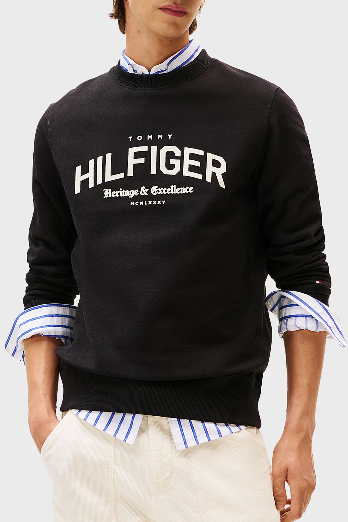 Tommy Hilfiger % 100 Pamuk Regular Fit Bisiklet Yaka Logolu Erkek Sweat MW0MW40067 BDS SİYAH