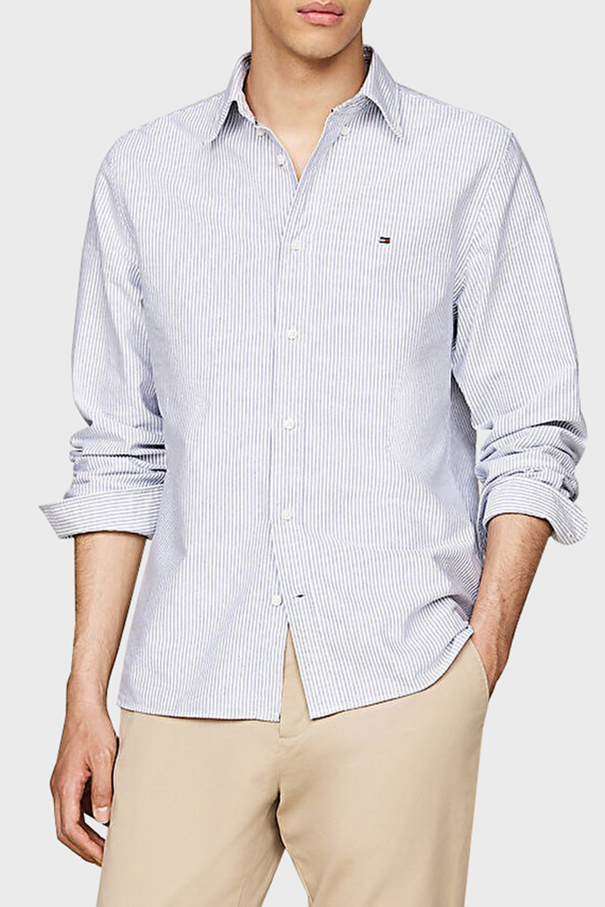 Tommy Hilfiger % 100 Pamuk Regular Fit Çizgili Erkek Gömlek MW0MW36238 0A8 MAVİ