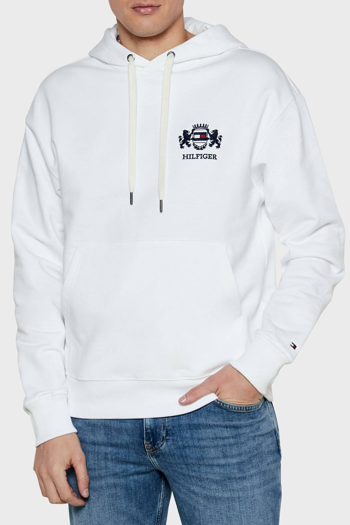 Tommy Hilfiger % 100 Pamuk Regular Fit Kapüşonlu Erkek Sweat MW0MW37462 YBR BEYAZ