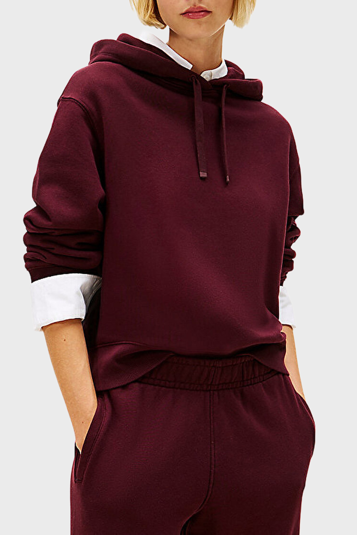 Tommy Hilfiger % 100 Pamuk Regular Fit Kapüşonlu Yaka Logolu Kadın Sweat WW0WW46127 XIH BORDO