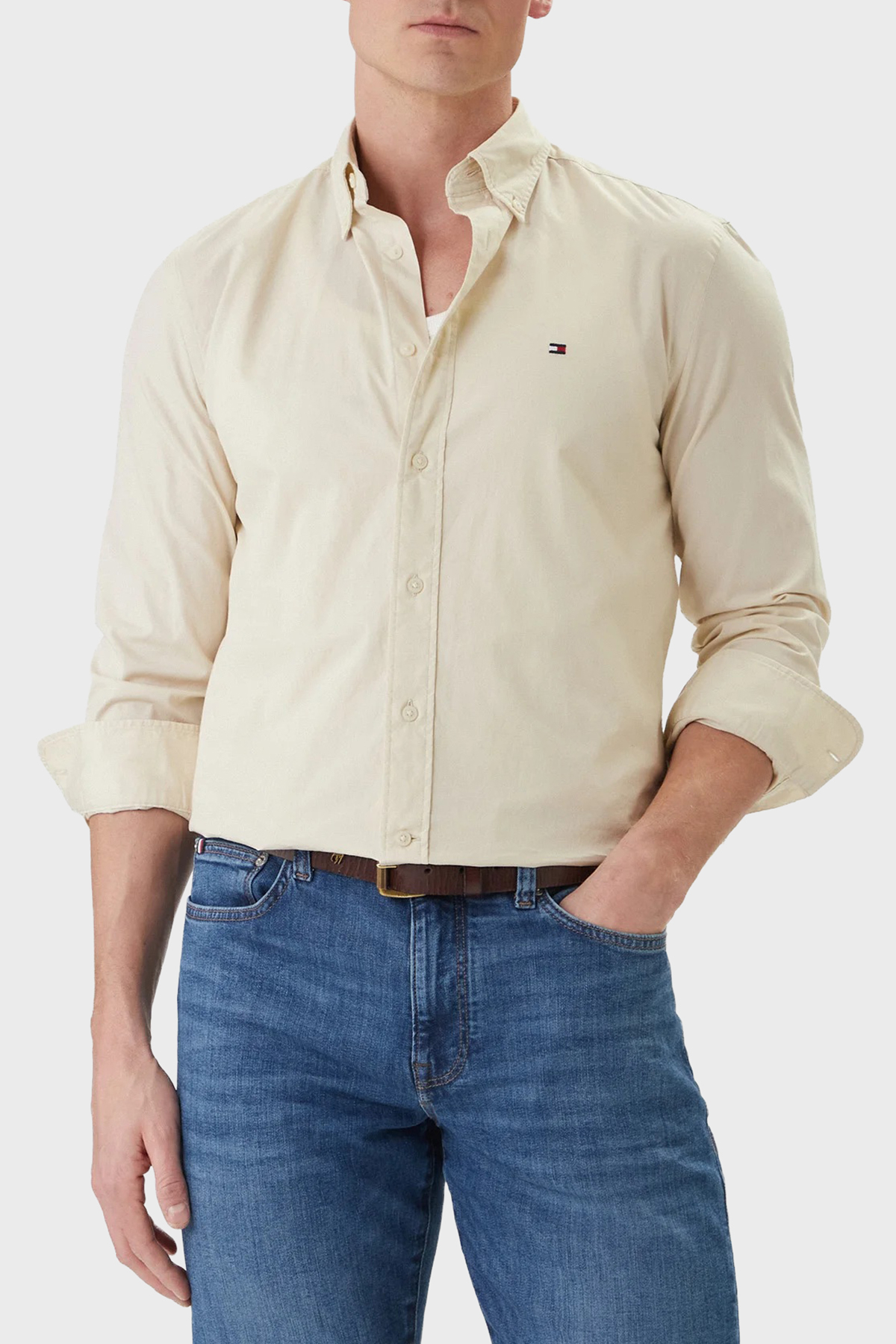 Tommy Hilfiger % 100 Pamuk Regular Fit Uzun Kollu Erkek Gömlek MW0MW37550 ACJ BEJ