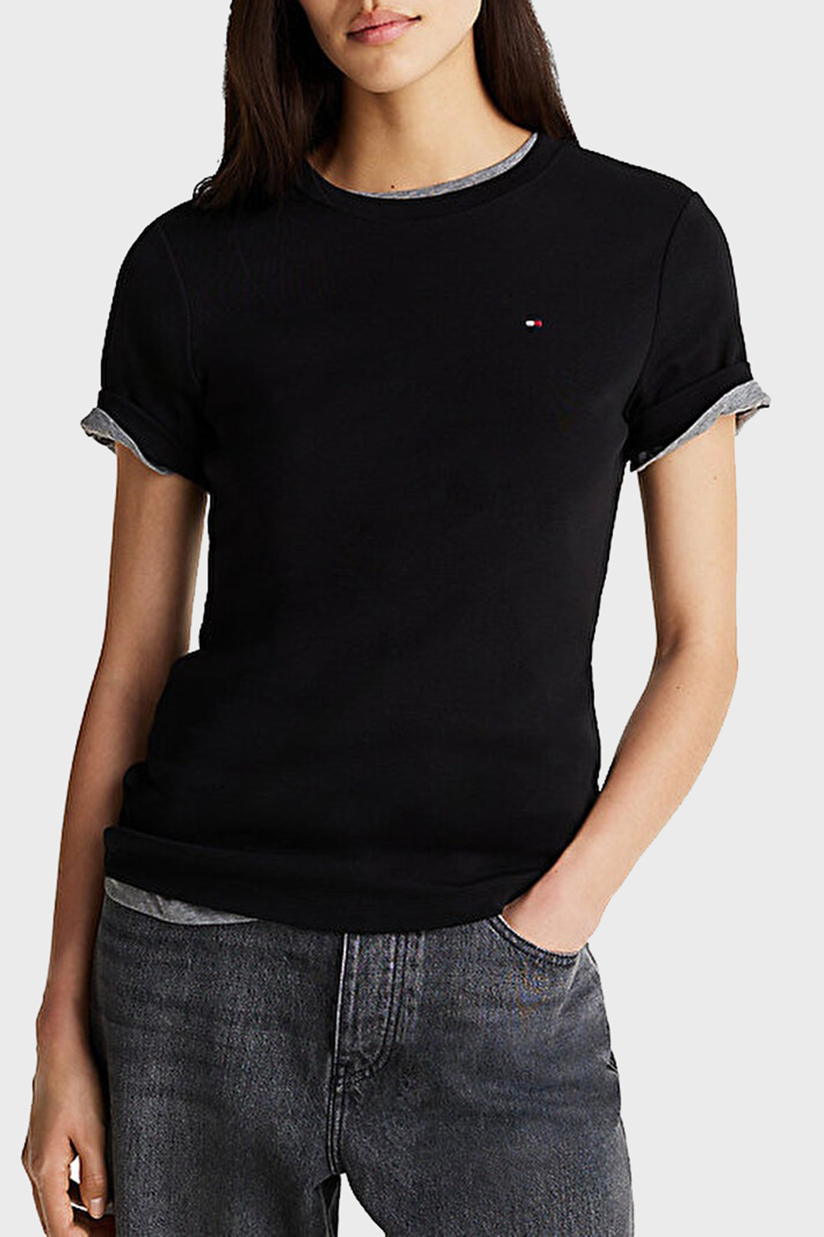 Tommy Hilfiger Çizgili % 100 Pamuk Slim Fit Bisiklet Yaka Kadın T Shirt W0WW40587 BDS SİYAH