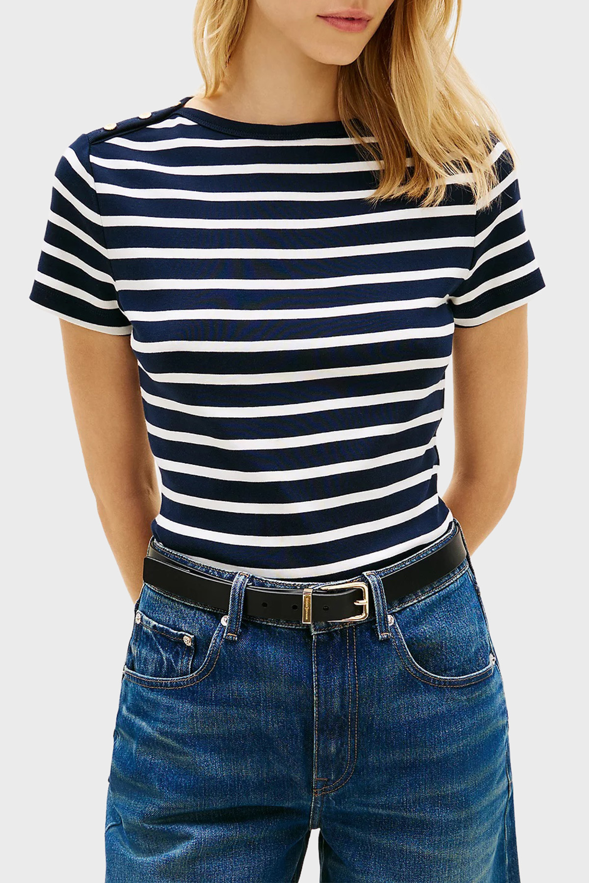 Tommy Hilfiger % 100 Pamuk Slim Fit Kayık Yaka Kadın T Shirt WW0WW49250 0X3 LACİVERT-BEYAZ
