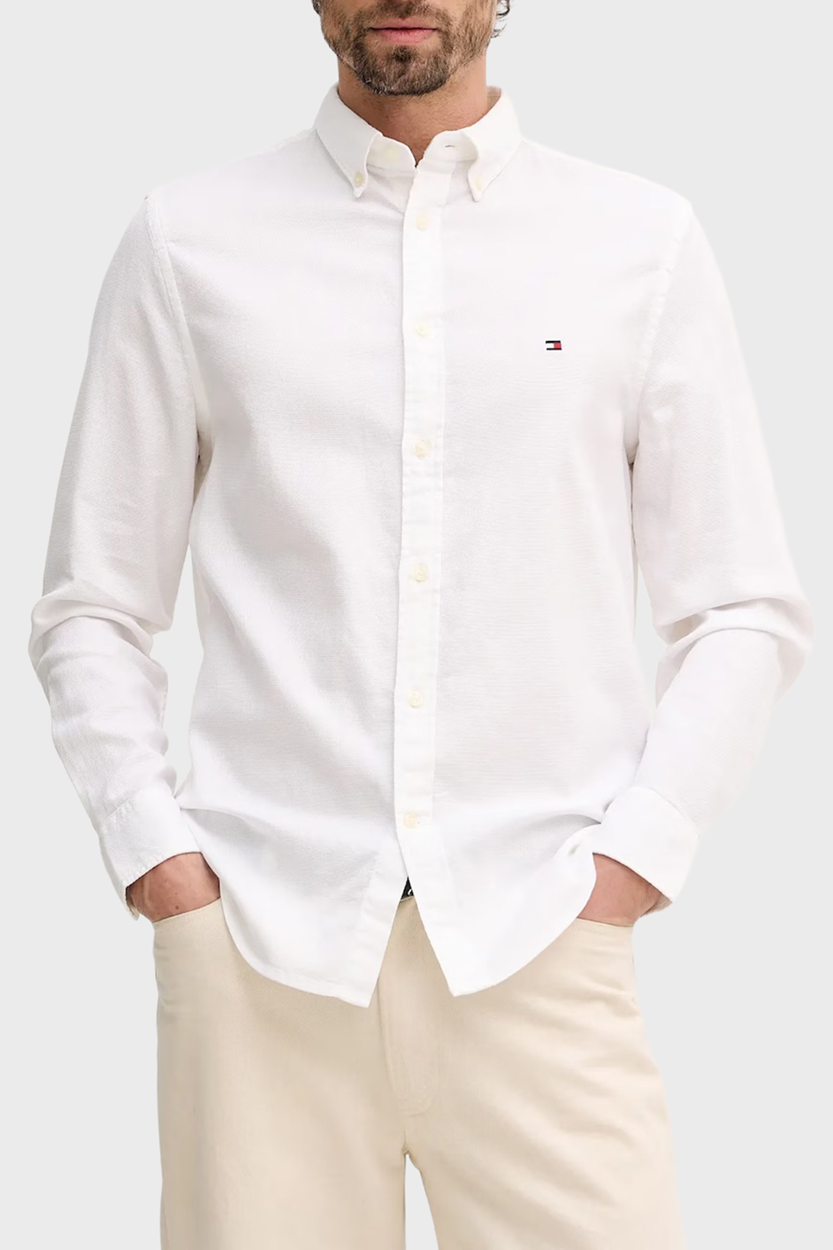 Tommy Hilfiger % 100 Pamuk Slim Fit Klasik Yaka Erkek Gömlek MW0MW41684 YBR BEYAZ