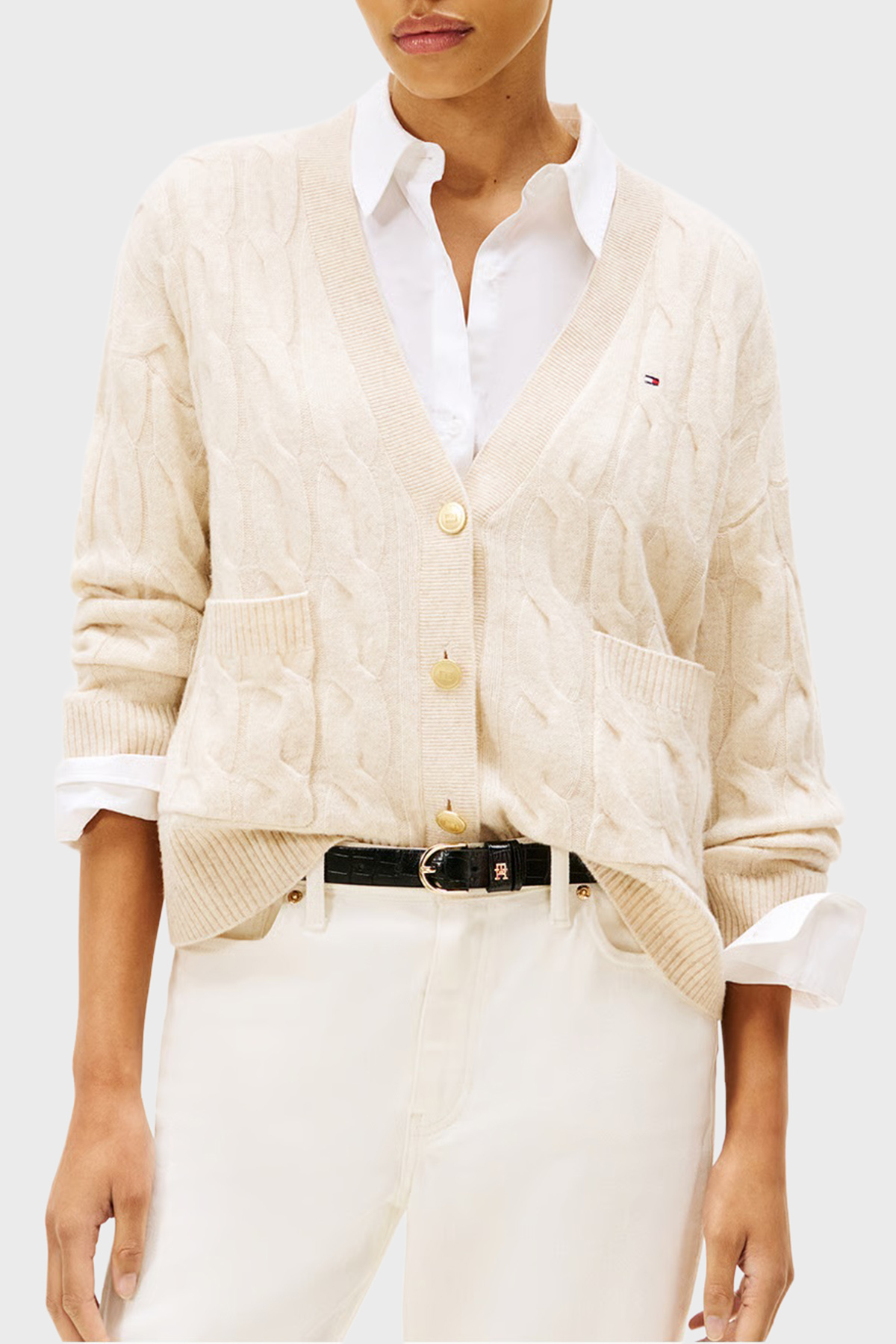 Tommy Hilfiger % 100 Yün Oversize V Yaka Örme Kadın Hırka WW0WW43089 ADK BEJ