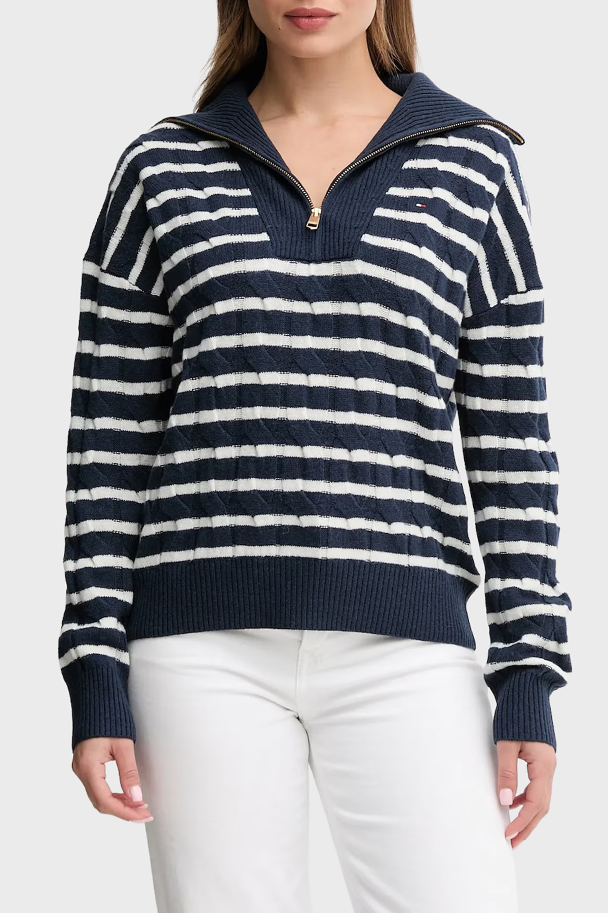 Tommy Hilfiger % 100 Yün Relaxed Fit Yarım Fermuarlı Dik Yaka Örgü Kadın Kazak WW0WW46425 0Y7 LACİVERT-BEYAZ