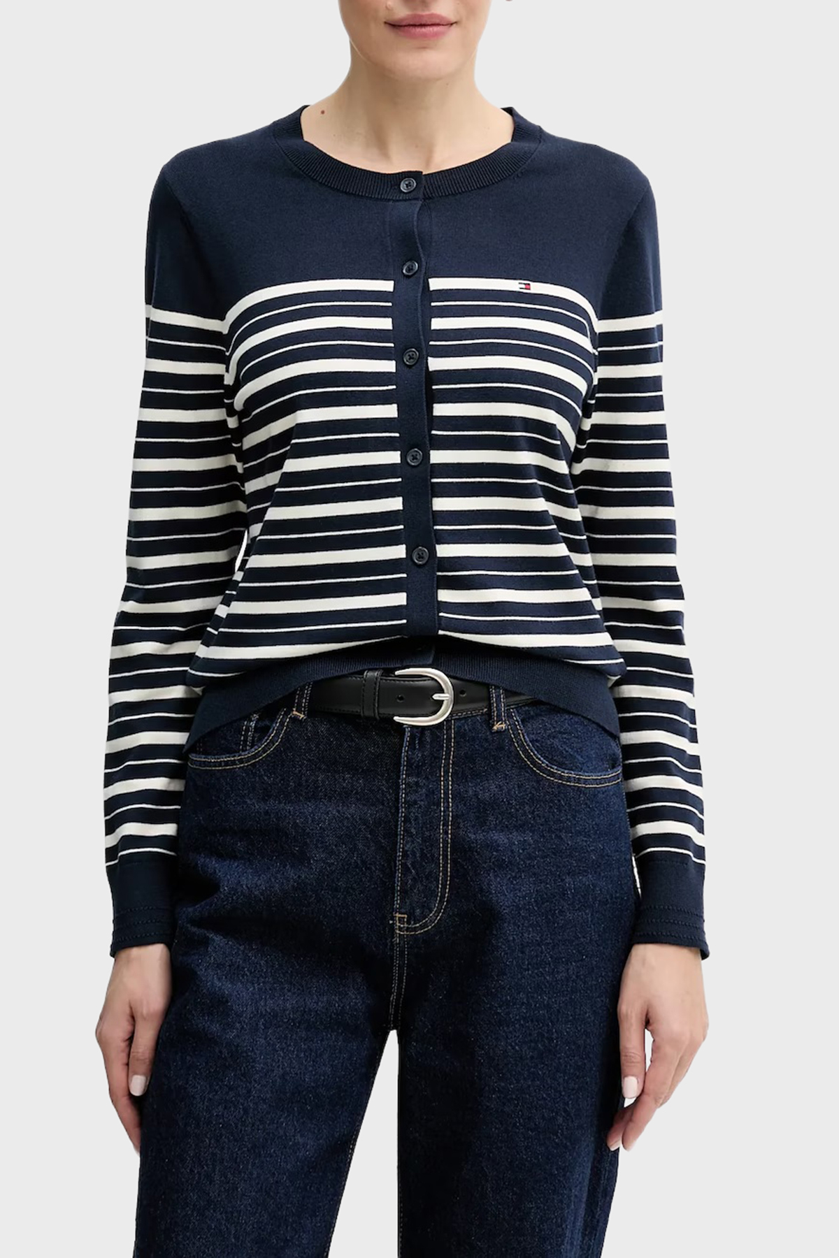 Tommy Hilfiger Çizgili % 100 Pamuk Regular Fit Düğmeli Kadın Kazak WW0WW42370 0A6 LACİVERT