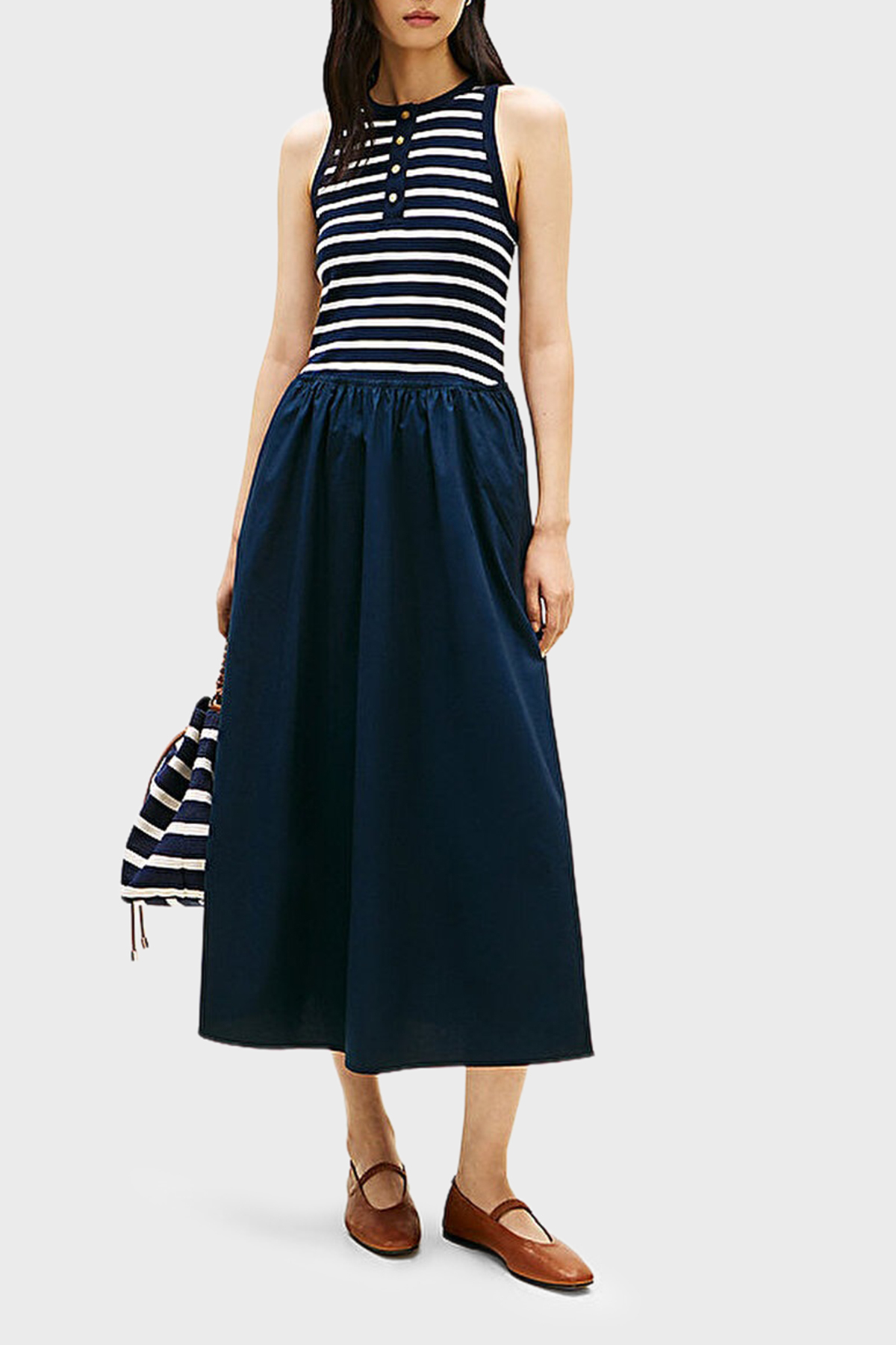 Tommy Hilfiger Çizgili % 100 Pamuk Regular Fit Pileli Maxi Boy Kadın Elbise WW0WW49628 0X3 LACİVERT-BEYAZ