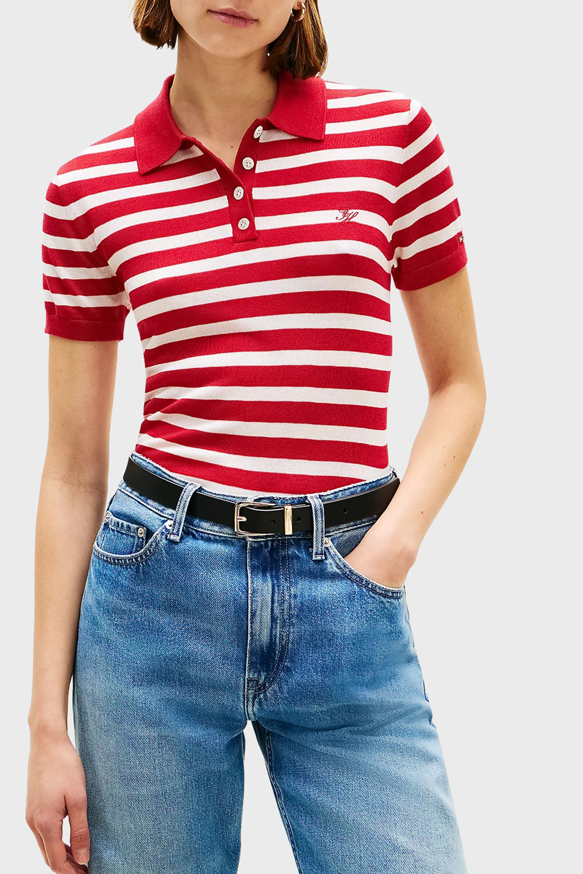 Tommy Hilfiger Çizgili İpek Karışımlı Kısa Kollu Düğmeli Kadın Polo Yaka Kazak WW0WW48503 04W KIRMIZI-BEYAZ