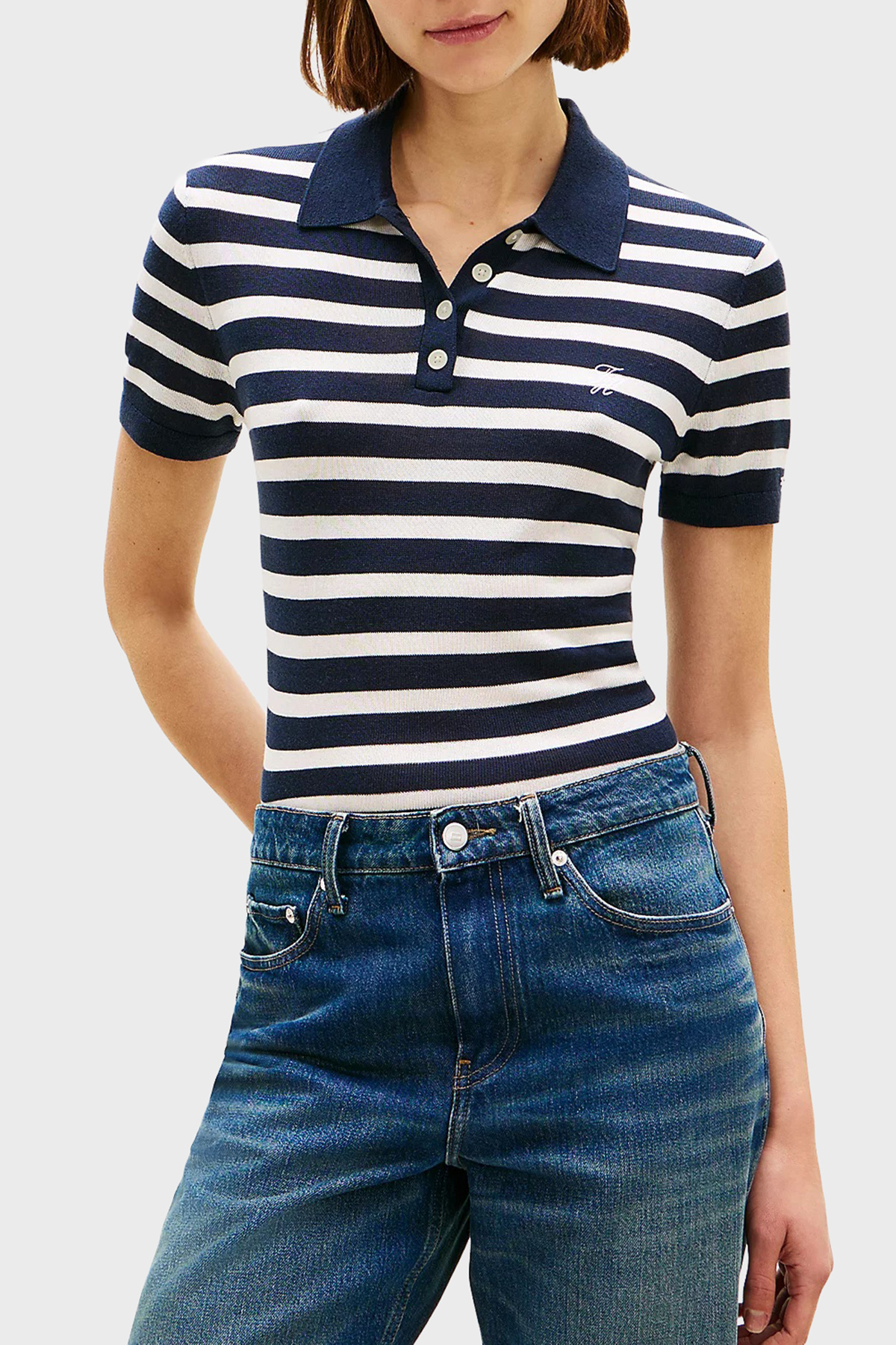 Tommy Hilfiger Çizgili İpek Karışımlı Kısa Kollu Düğmeli Kadın Polo Yaka Kazak WW0WW48503 0A5 LACİVERT-BEYAZ