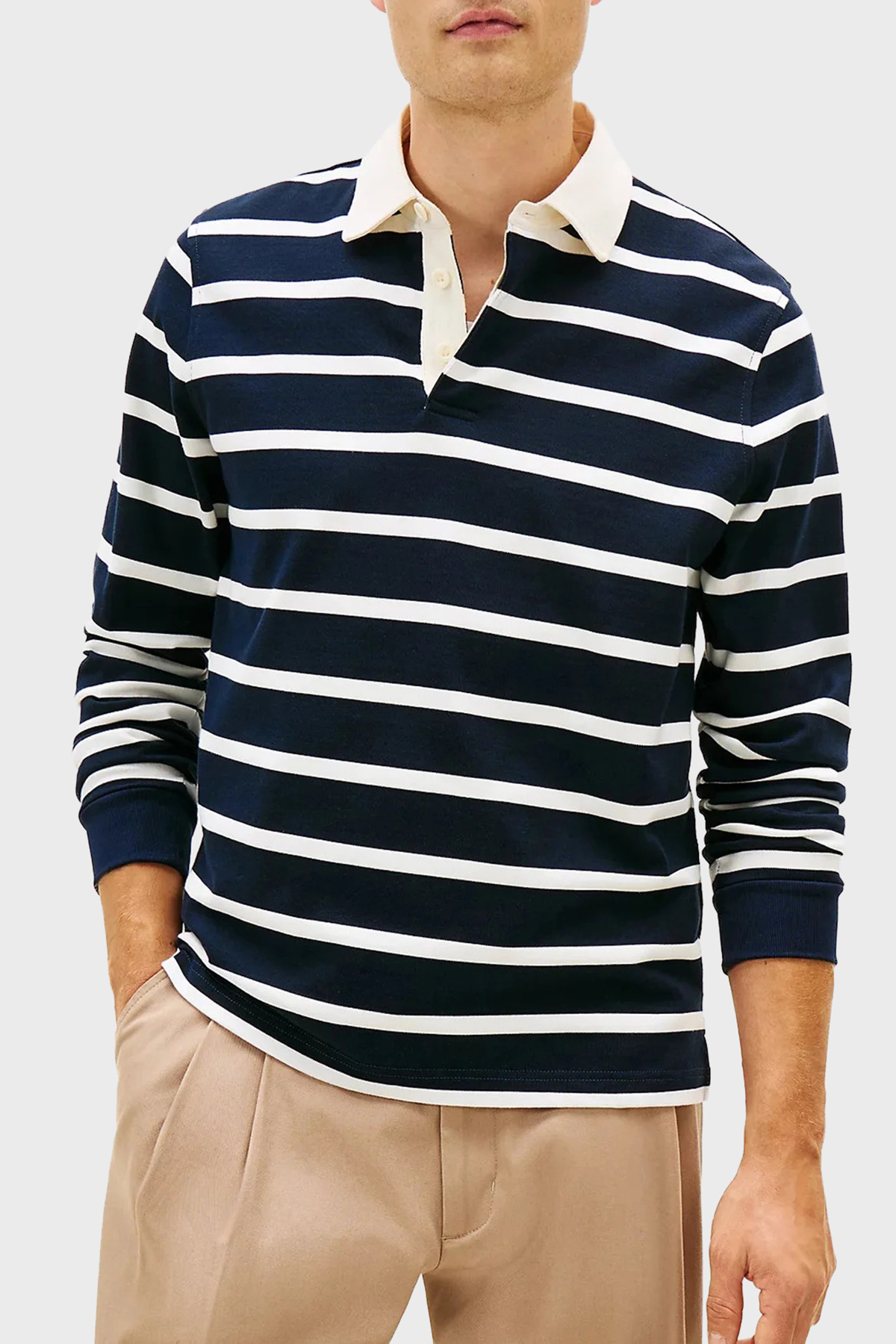 Tommy Hilfiger Çizgili Pamuklu Regular Fit Düğmeli Erkek Polo Yaka Sweat MW0MW42613 0A4 LACİVERT-BEYAZ