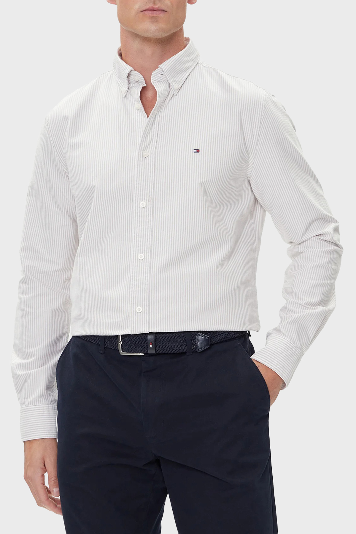 Tommy Hilfiger Çizgili Pamuklu Regular Fit Düğmeli Yaka Erkek Gömlek MW0MW36238 0BJ Bej-Açık Kahve