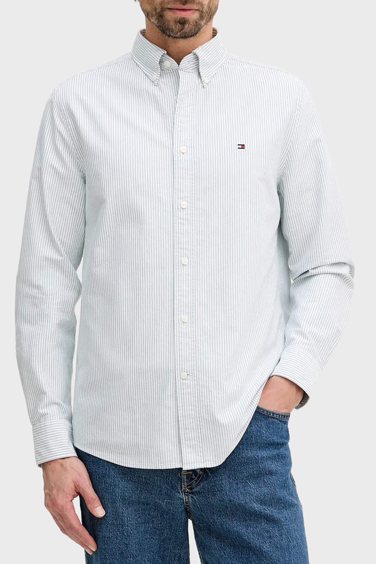 Tommy Hilfiger Çizgili Pamuklu Regular Fit Düğmeli Yaka Erkek Gömlek MW0MW36238 0CD YEŞİL