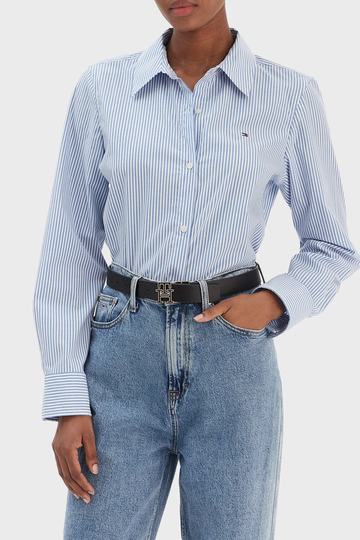 Tommy Hilfiger Çizgili Pamuklu Regular Fit Uzun Kollu Kadın Gömlek WW0WW47169 0BC MAVİ-BEYAZ