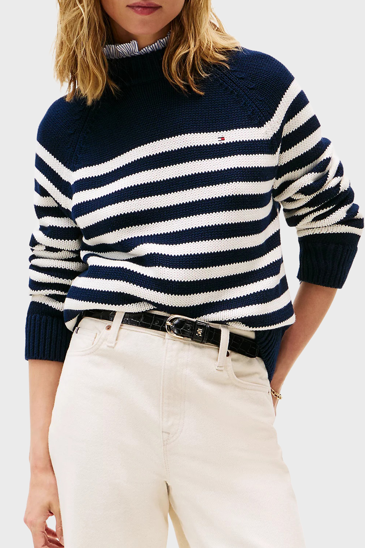 Tommy Hilfiger Çizgili Relaxed Fit Yarım Balıkçı Yaka Kadın Kazak WW0WW46759 0BD MAVİ