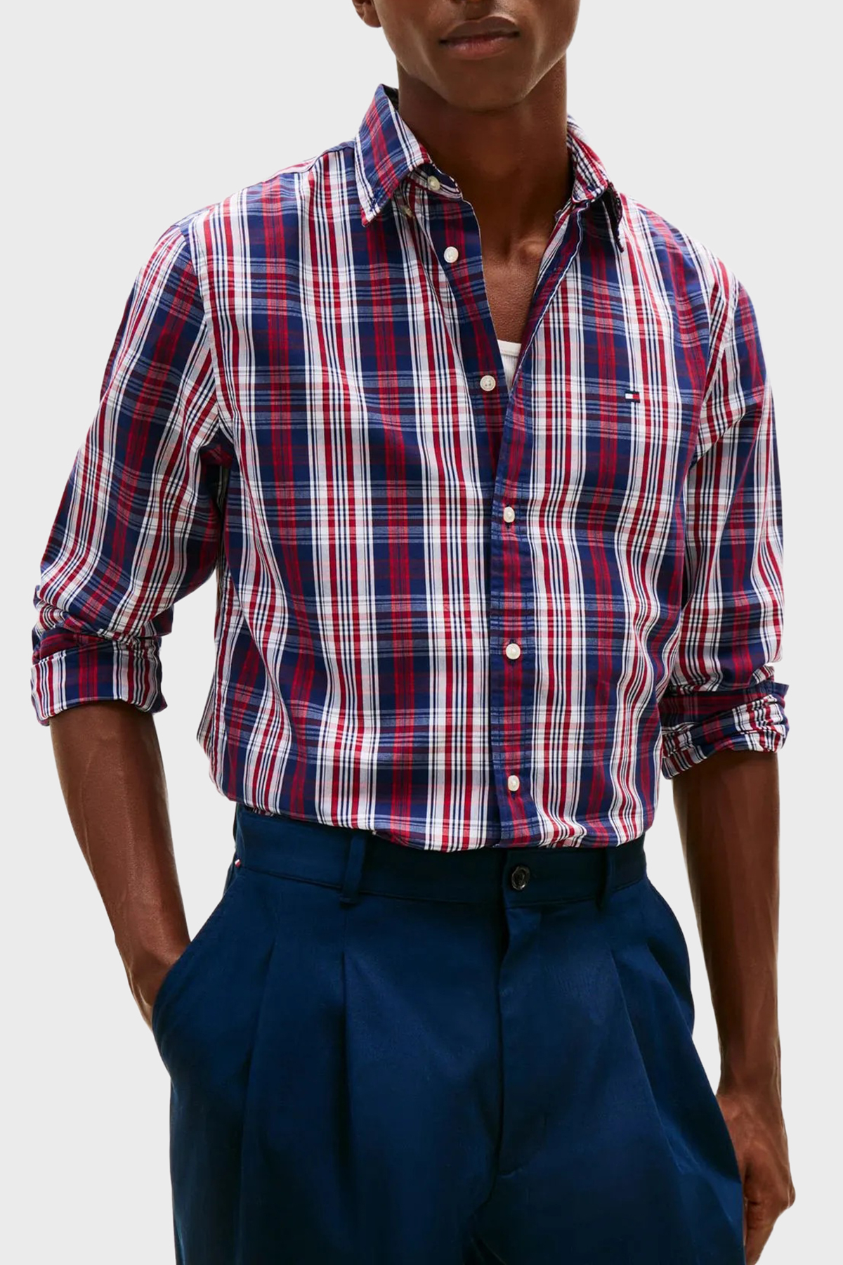 Tommy Hilfiger Kareli Pamuklu Regular Fit Uzun Kollu Erkek Gömlek MW0MW41712 0MS LACİVERT-BEYAZ