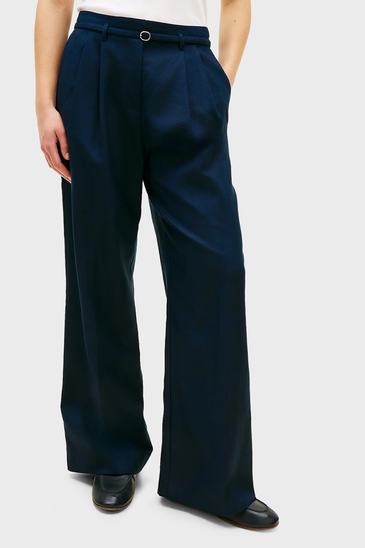 Tommy Hilfiger Keten Karışımlı Wide Leg Fit Yüksek Bel Kadın Pantolon WW0WW48884 C1G LACİVERT