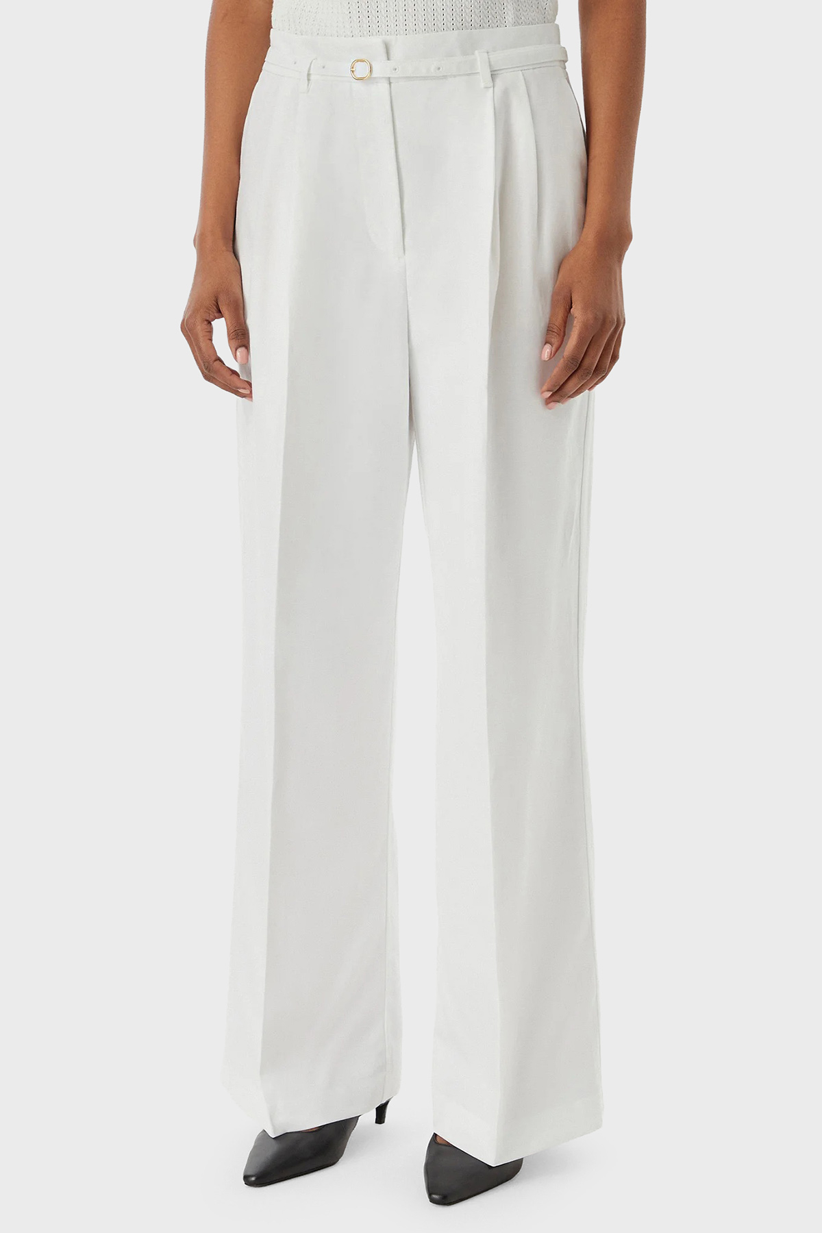 Tommy Hilfiger Keten Karışımlı Wide Leg Fit Yüksek Bel Kadın Pantolon WW0WW48884 YCF BEYAZ
