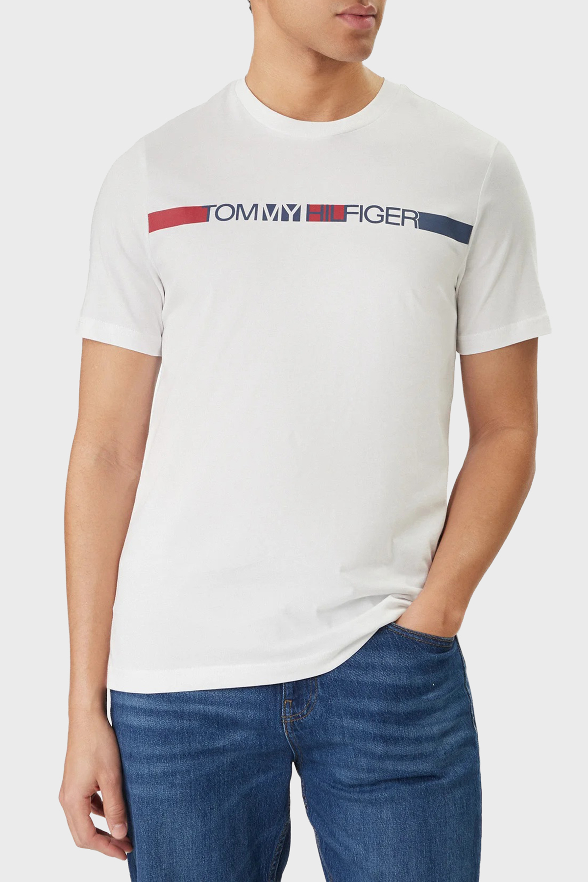 Tommy Hilfiger Logolu % 100 Pamuk Bisiklet Yaka Erkek T Shirt MW0MW42368 YBR BEYAZ