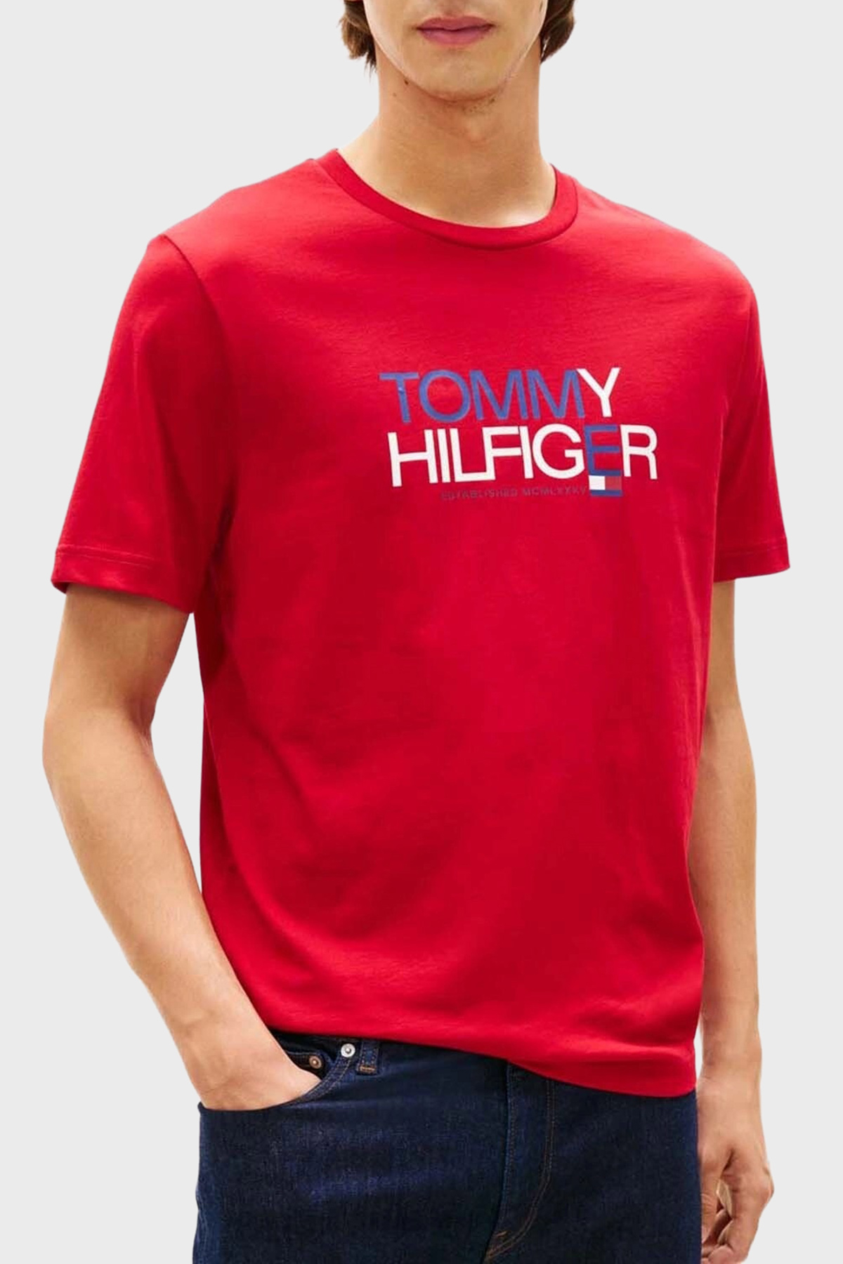 Tommy Hilfiger Logolu % 100 Pamuk Regular Fit Bisiklet Yaka Erkek T Shirt MW0MW42369 XLD KIRMIZI