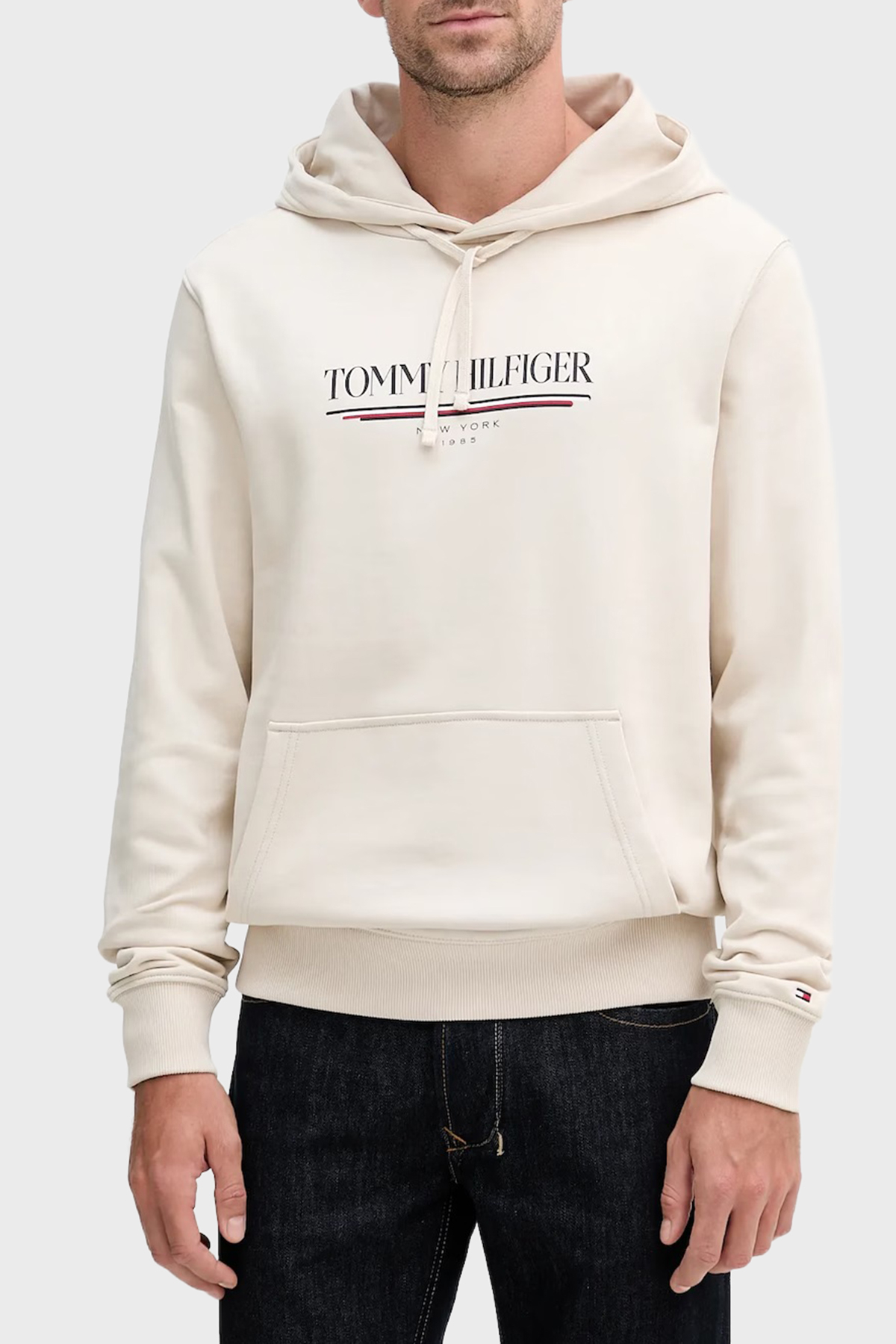 Tommy Hilfiger Logolu % 100 Pamuk Relaxed Fit Kapüşonlu Kanguru Cepli Erkek Sweat MW0MW40534 ACG BEJ