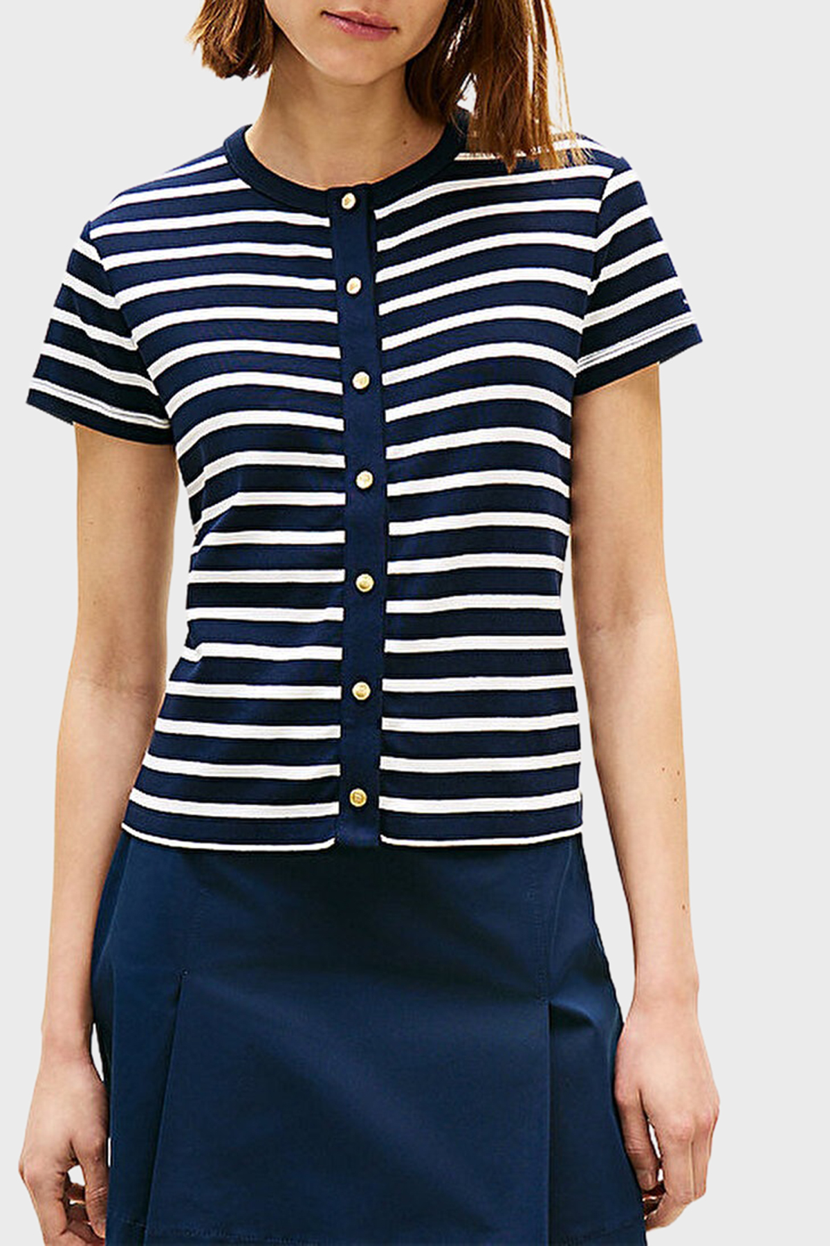 Tommy Hilfiger Logolu % 100 Pamuk Slim Fit Düğme Detaylı Kadın T Shirt WW0WW48709 0X3 LACİVERT-BEYAZ