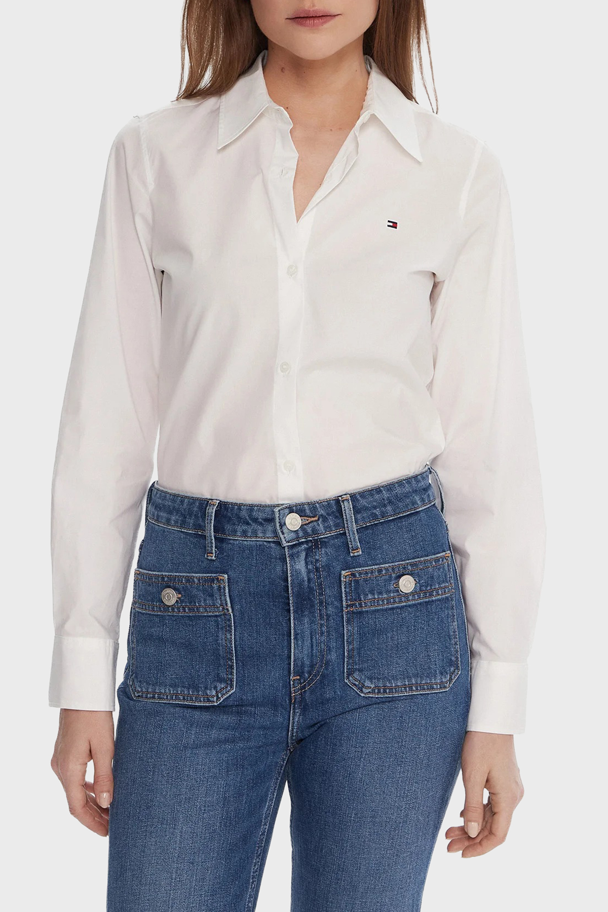 Tommy Hilfiger Logolu Pamuk Karışımlı Regular Fit Uzun Kollu Kadın Gömlek WW0WW47169 YCF BEYAZ