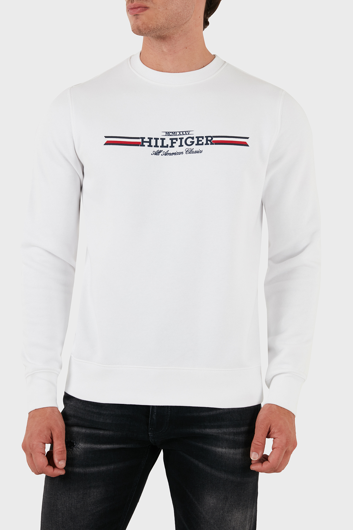 Tommy Hilfiger Logolu Pamuklu Regular Fit Bisiklet Yaka Erkek Sweat MW0MW35530 YBR BEYAZ