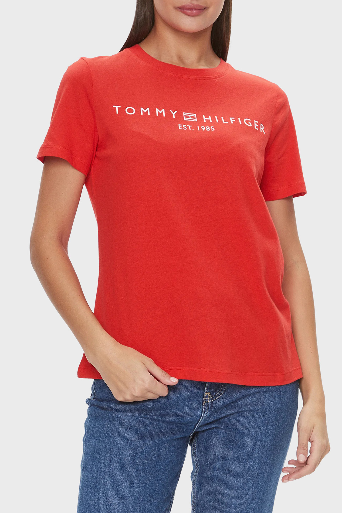 Tommy Hilfiger Logolu Pamuklu Regular Fit Bisiklet Yaka Kadın T Shirt WW0WW40276 SNE KIRMIZI