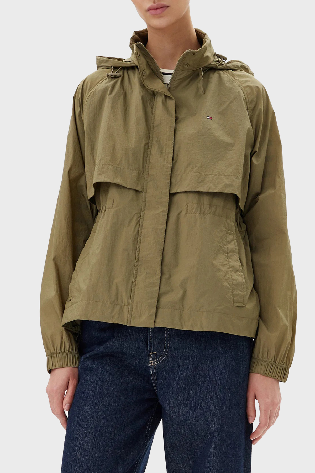 Tommy Hilfiger Logolu Su İtici Relaxed Fit Gizlenebilen Kapüşonlu Kadın Ceket WW0WW46444 RFN KOYU HAKİ