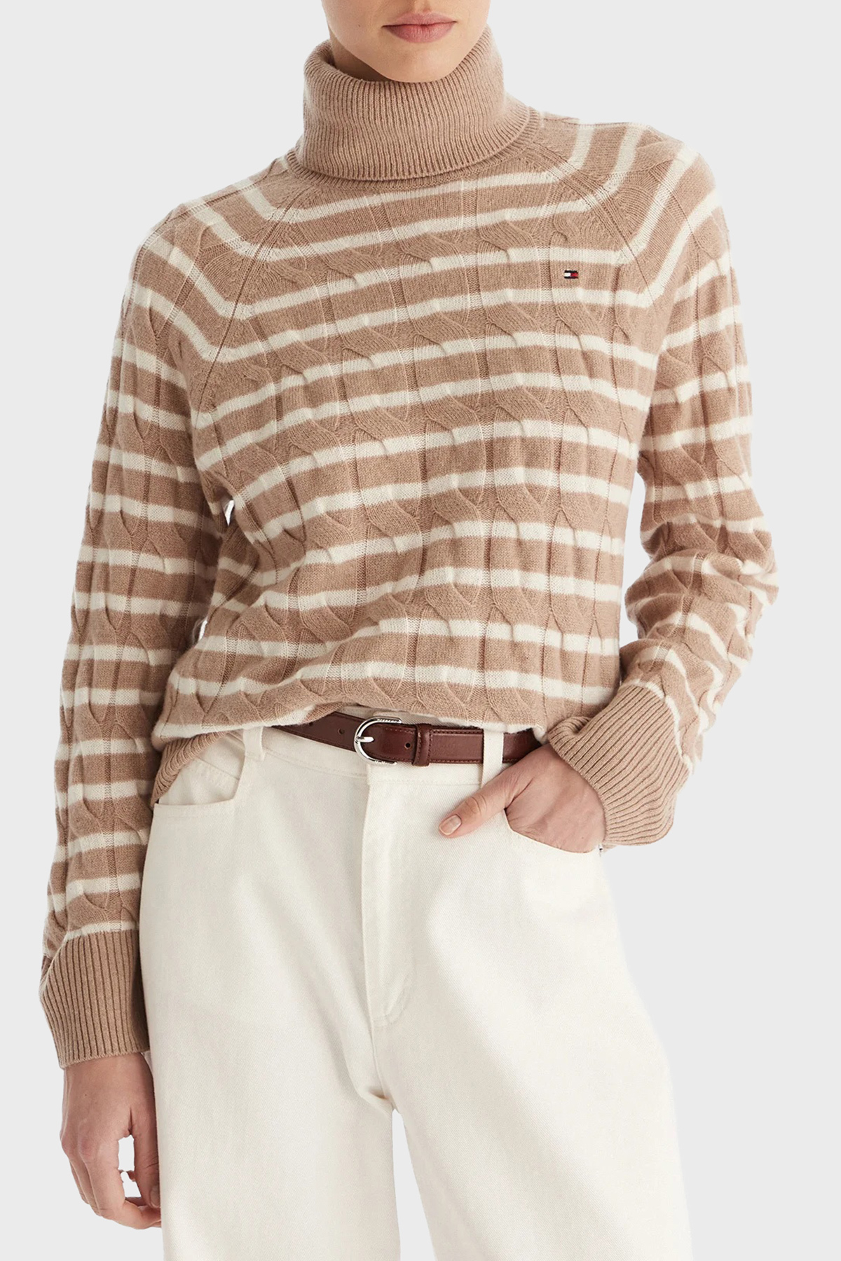 Tommy Hilfiger Örgülü Yünlü Relaxed Fit Balıkçı Yaka Kadın Kazak WW0WW46791 0AJ BEJ