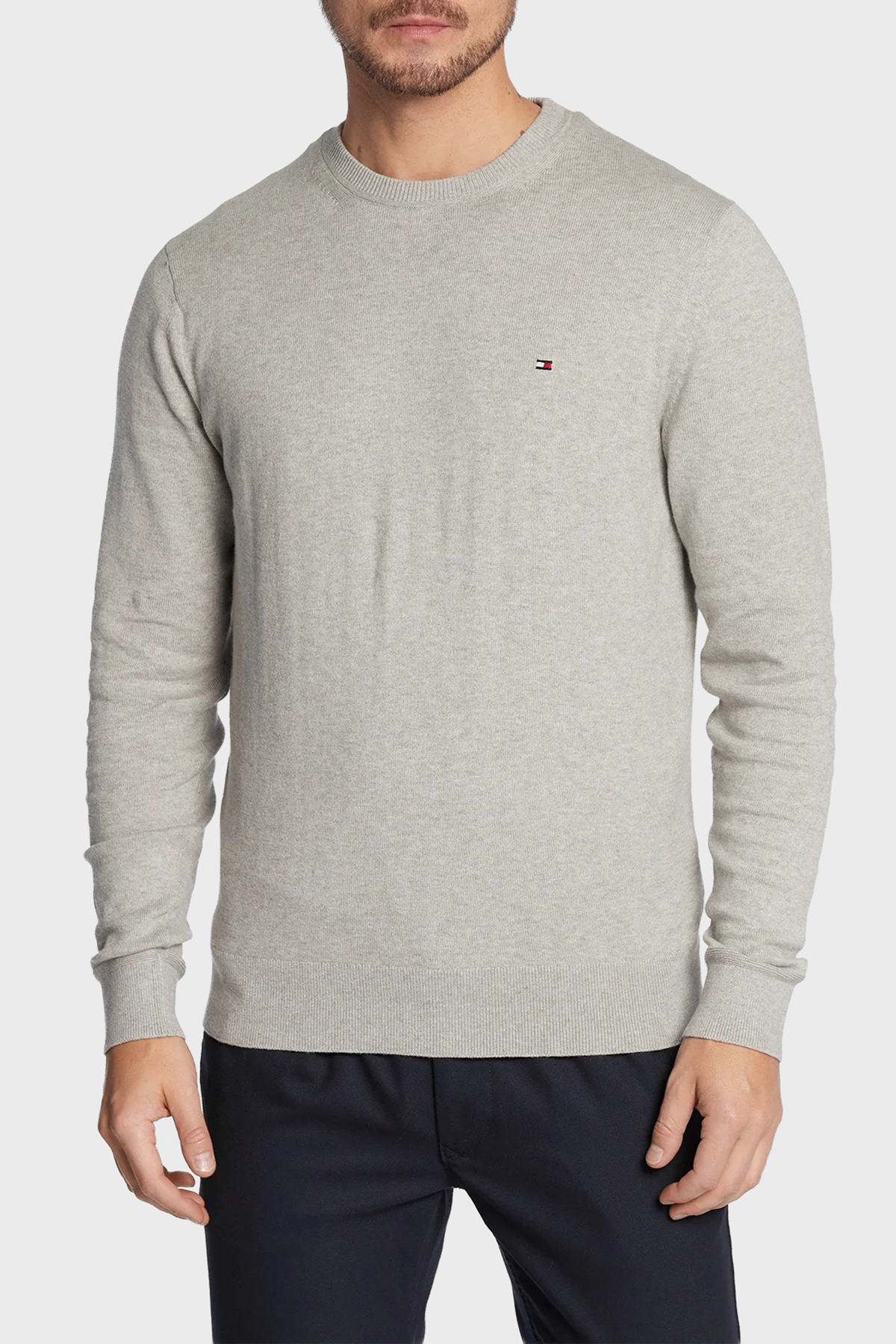 Tommy Hilfiger Pamuk ve Kaşmir Karışımlı Regular Fit Bisiklet Yaka Erkek Kazak MW0MW28046 P01 GRİ