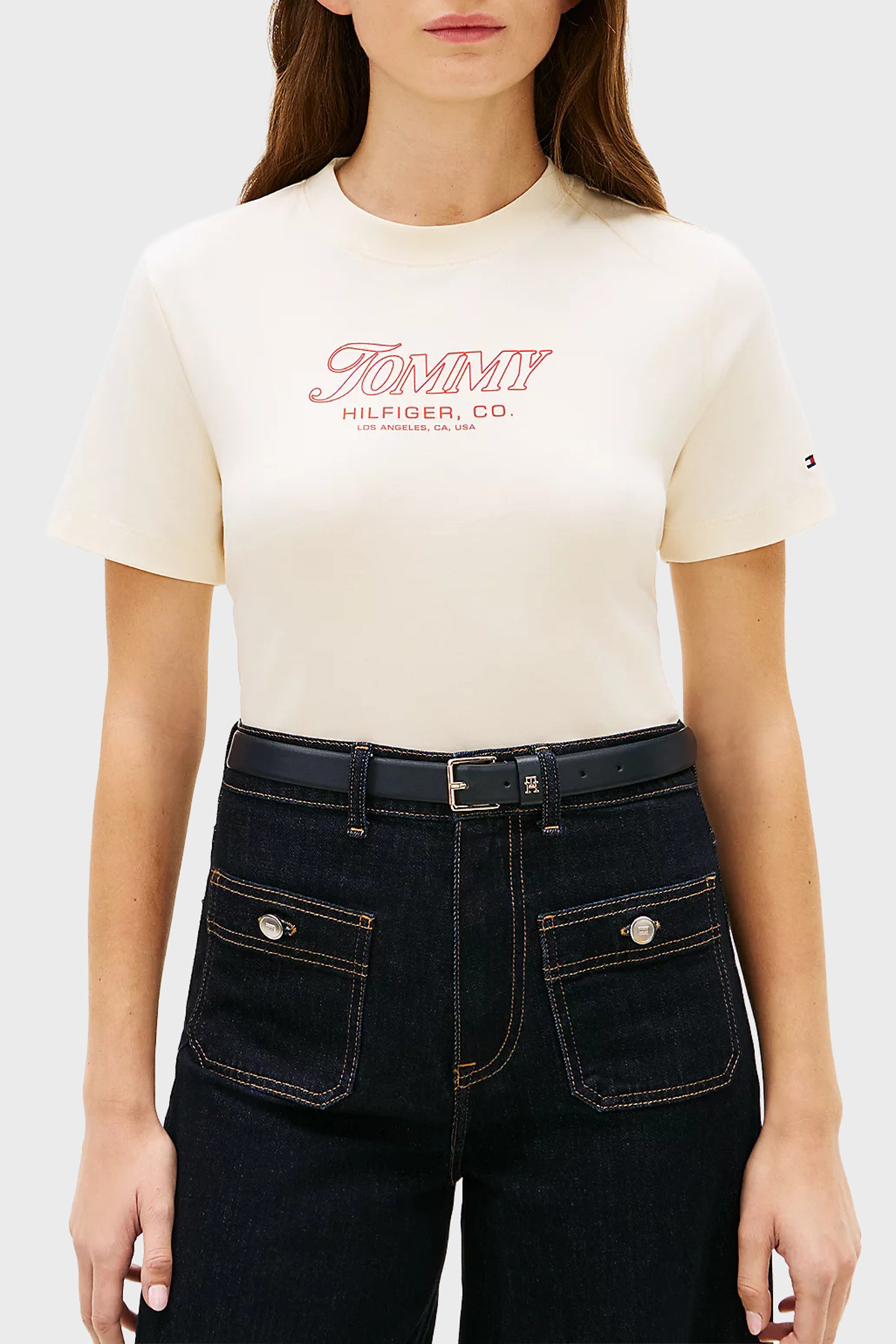 Tommy Hilfiger Pamuklu Logo Baskılı Regular Fit Bisiklet Yaka Kadın T Shirt WW0WW48707 AEF BEJ
