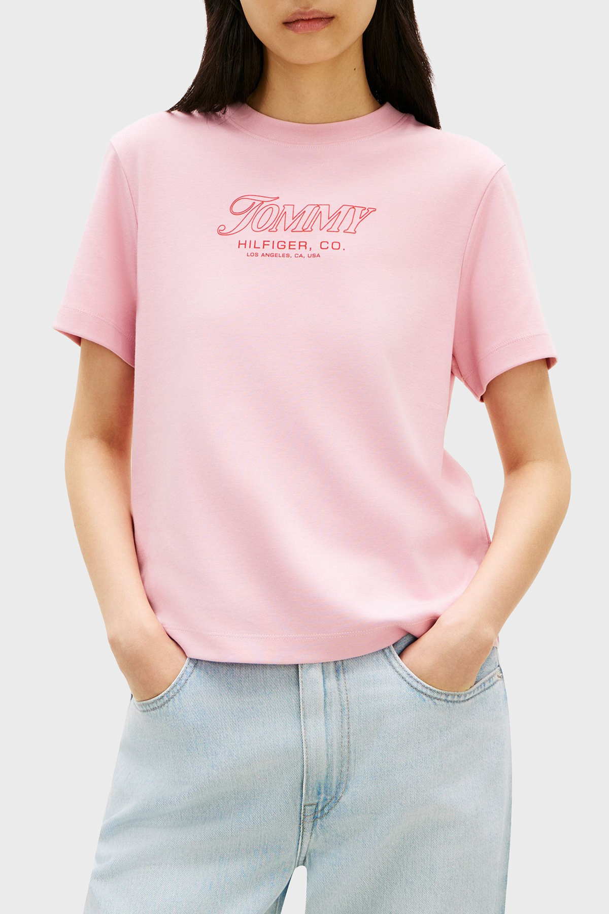 Tommy Hilfiger Pamuklu Regular Fit Bisiklet Yaka Logolu Kadın T Shirt WW0WW48707 TPG AÇIK PEMBE