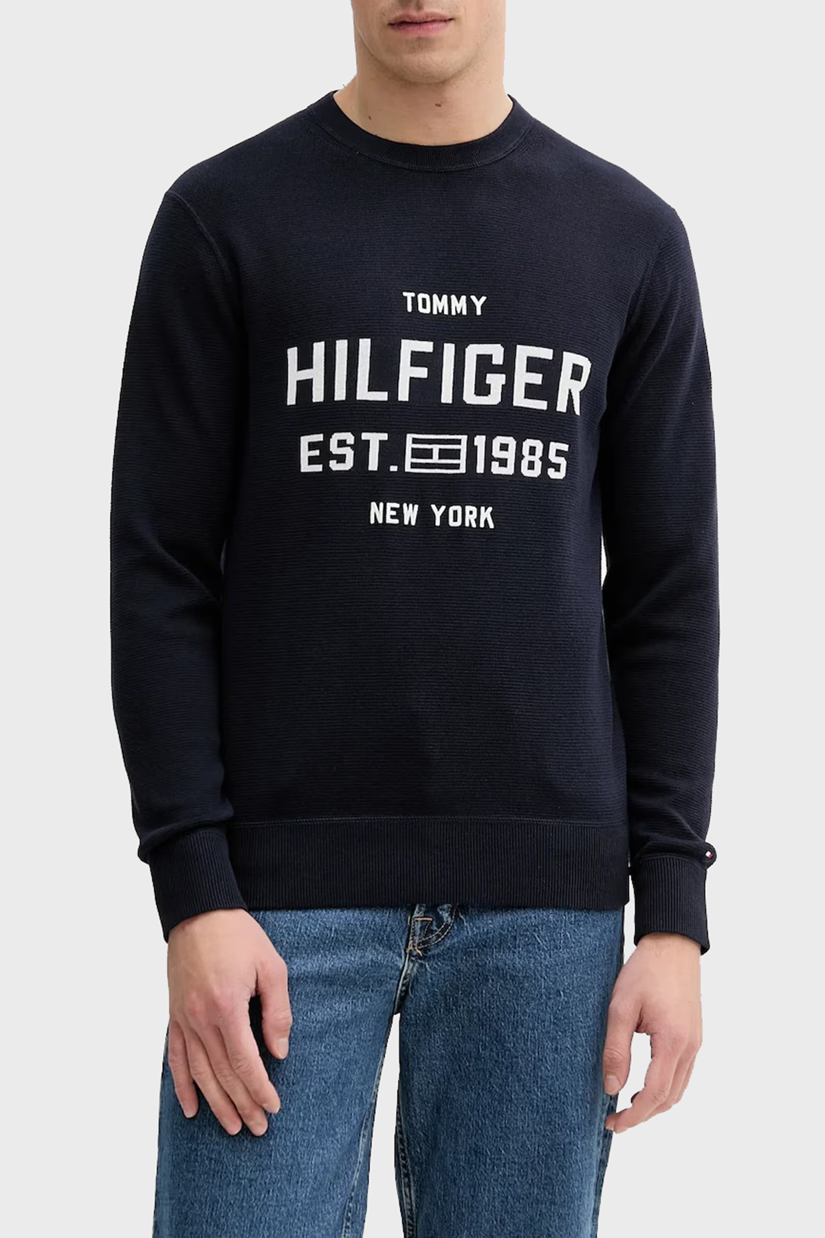 Tommy Hilfiger Pamuklu Regular Fit Bisiklet Yaka Logolu Erkek Kazak MW0MW39533 DW5 LACİVERT