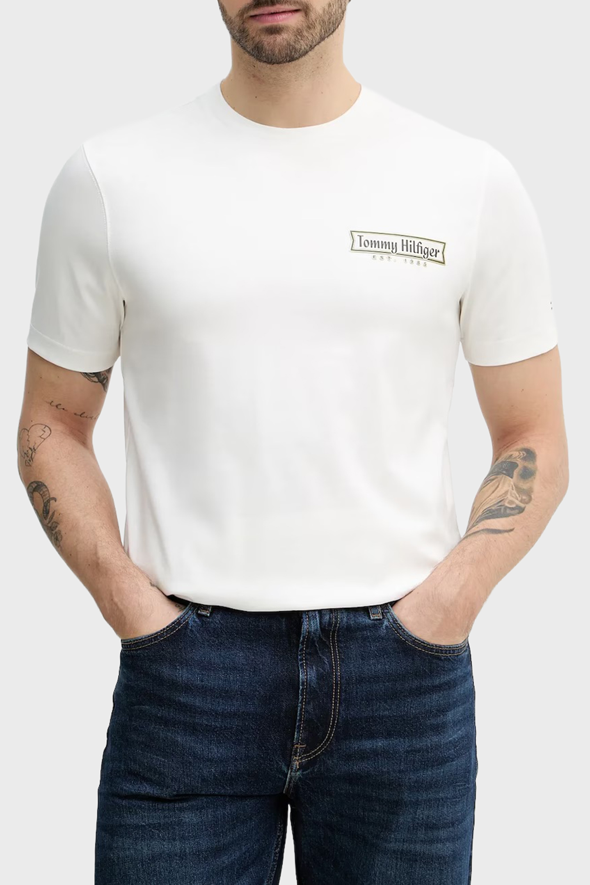 Tommy Hilfiger Pamuklu Regular Fit Bisiklet Yaka Logolu Erkek T Shirt MW0MW41463 YBL BEYAZ