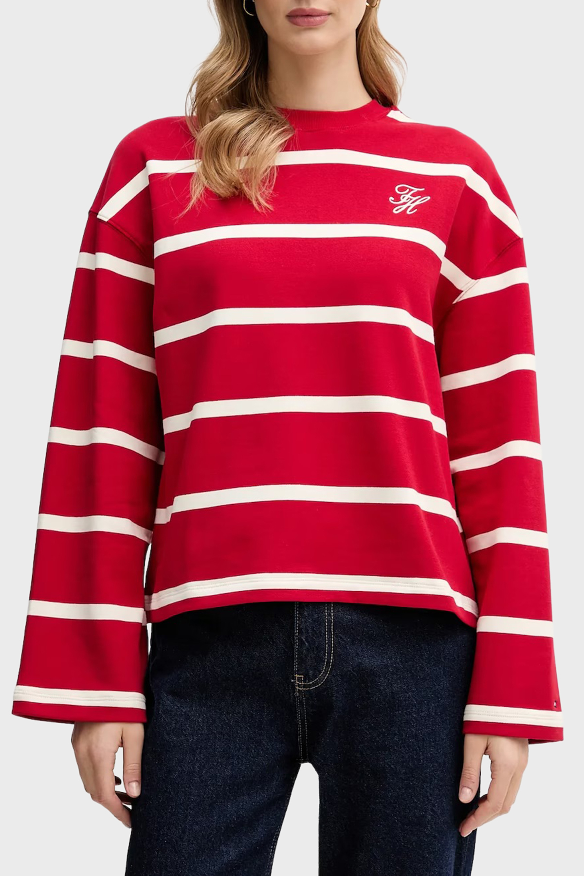 Tommy Hilfiger Pamuklu Regular Fit Çizgili Bisiklet Yaka Kadın Sweat WW0WW48431 0E2 KIRMIZI-BEYAZ